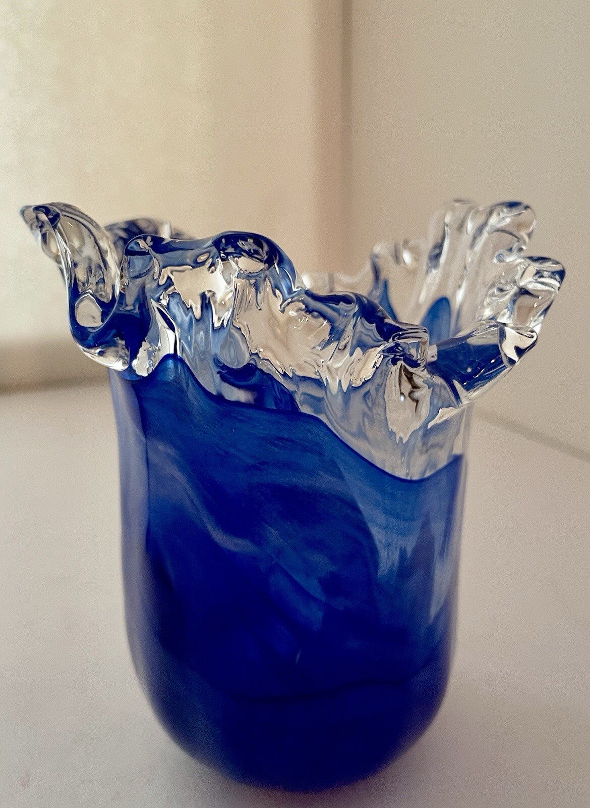 Murano White Cristal Cobalt And Clear Made In Italy Glass Vase