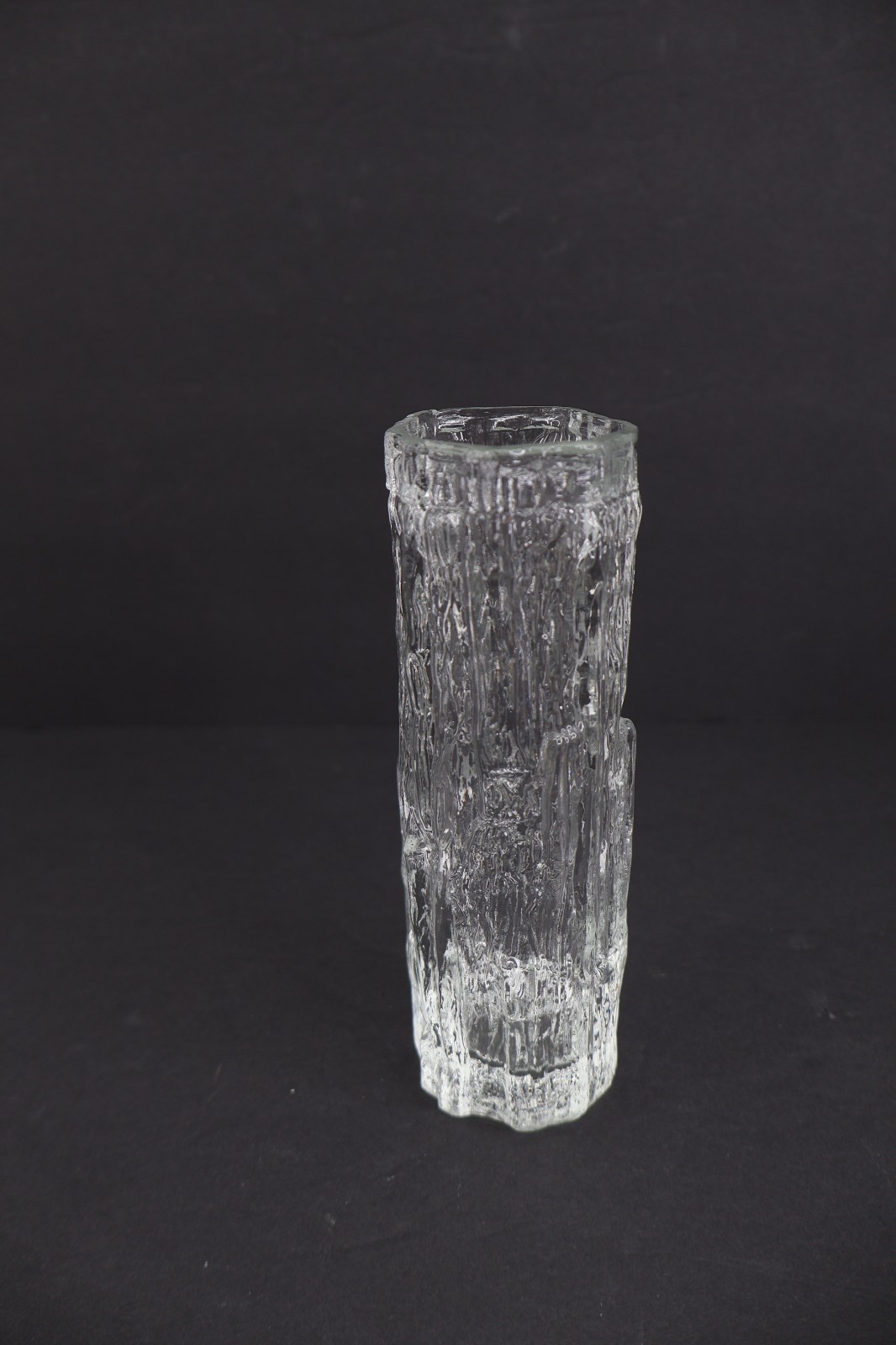 Ravenhead Bark Textured Clear Art Glass Cylinder Vase MCM British Ice Glass