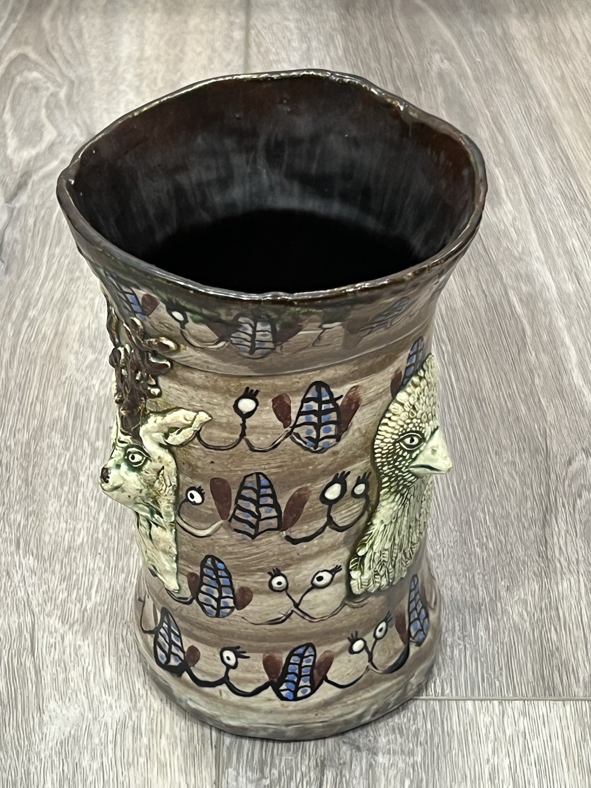 Wildlife Animals Vase Sculpted Studio Art Pottery Artistic Stoneware Handmade