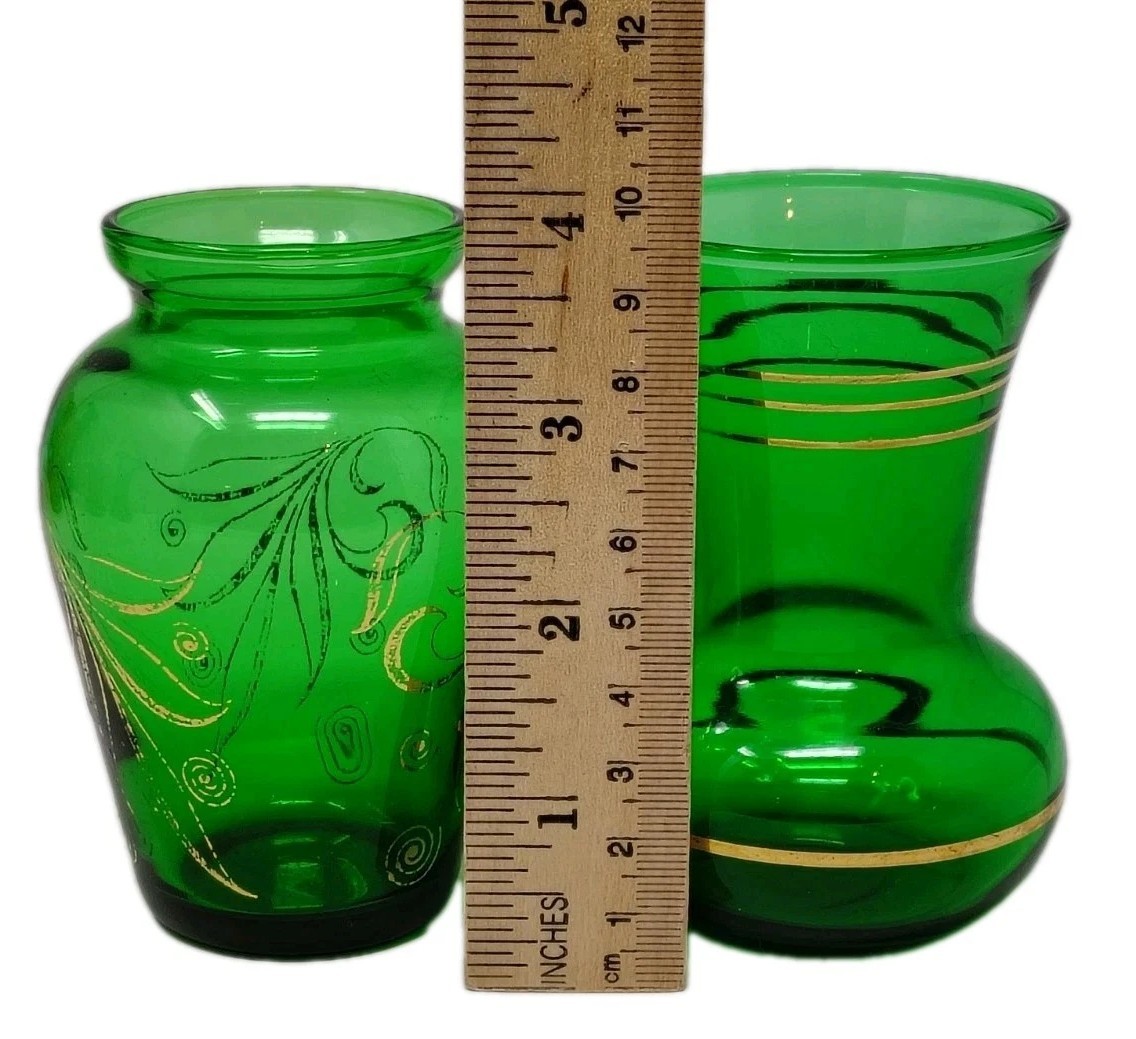 Vintage Emerald Forest Green Glass Bud Vase Hand Painted Gold Detail Mini Set 2
