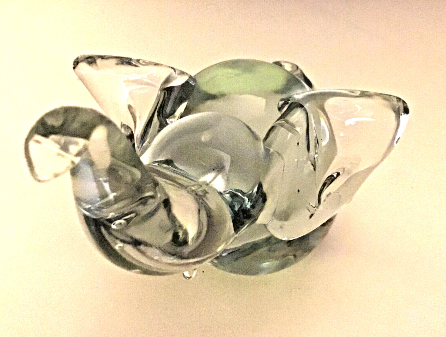 Glass Elephant Trunk Up Figurine Small Paperweight 3.25″ T At Trunk Vintage