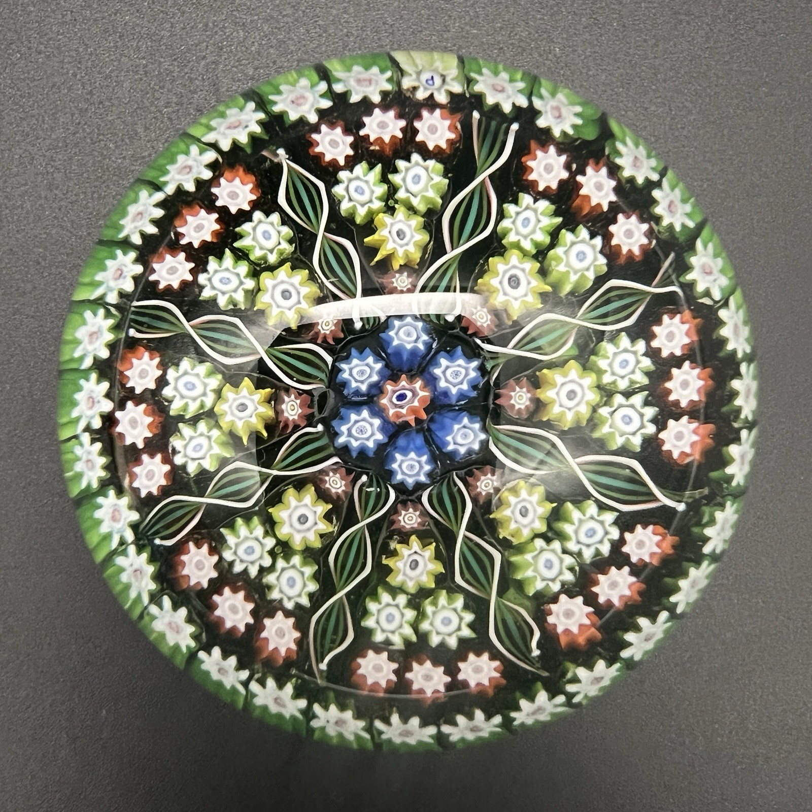 Vintage Perthshire Art Glass Paperweight Millefiori 8 Spoke Green Ground 2.5”