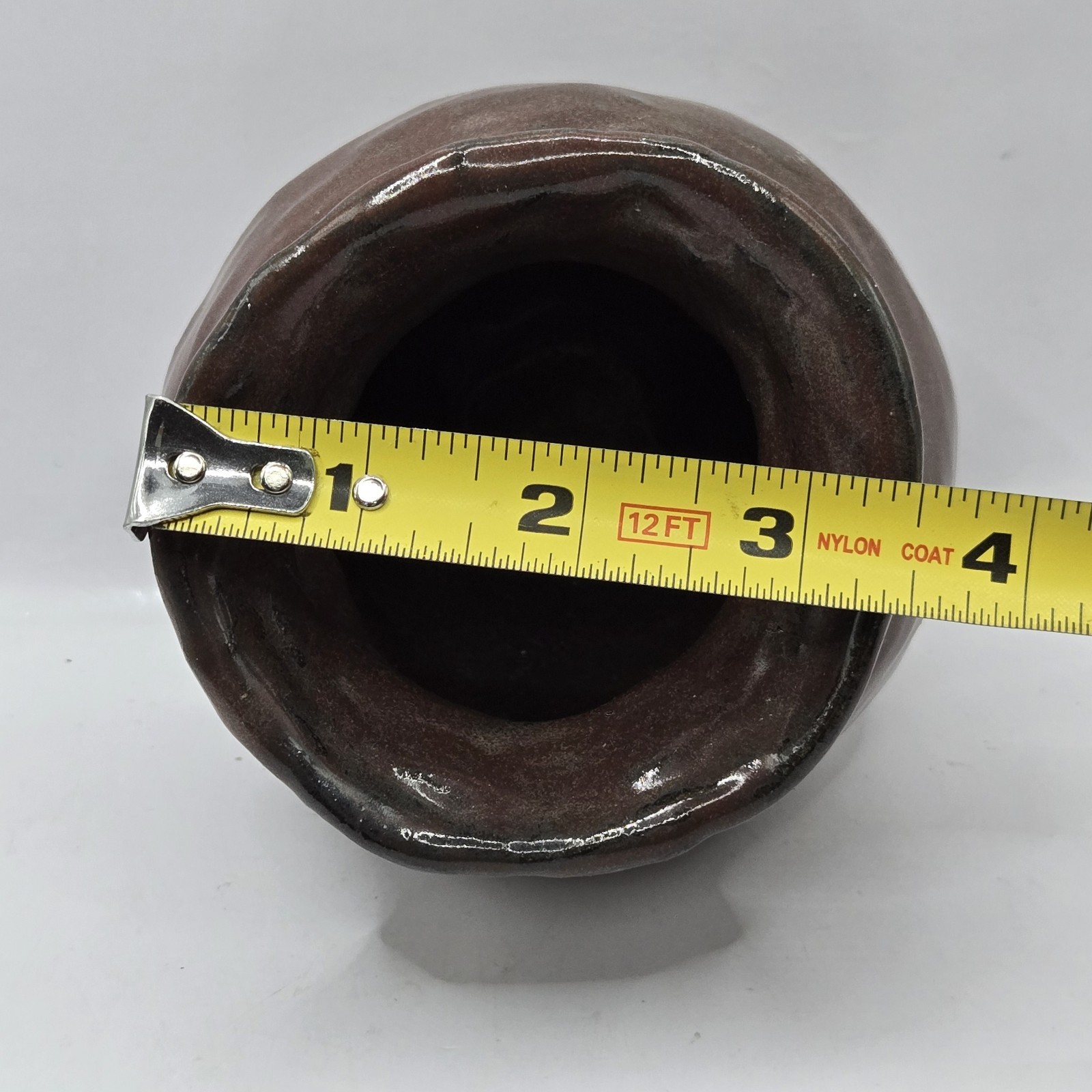 Handmade Brutalist Hand Thrown Pottery Brown Glazed Vase Signed MADDY 4.2″H 4″D