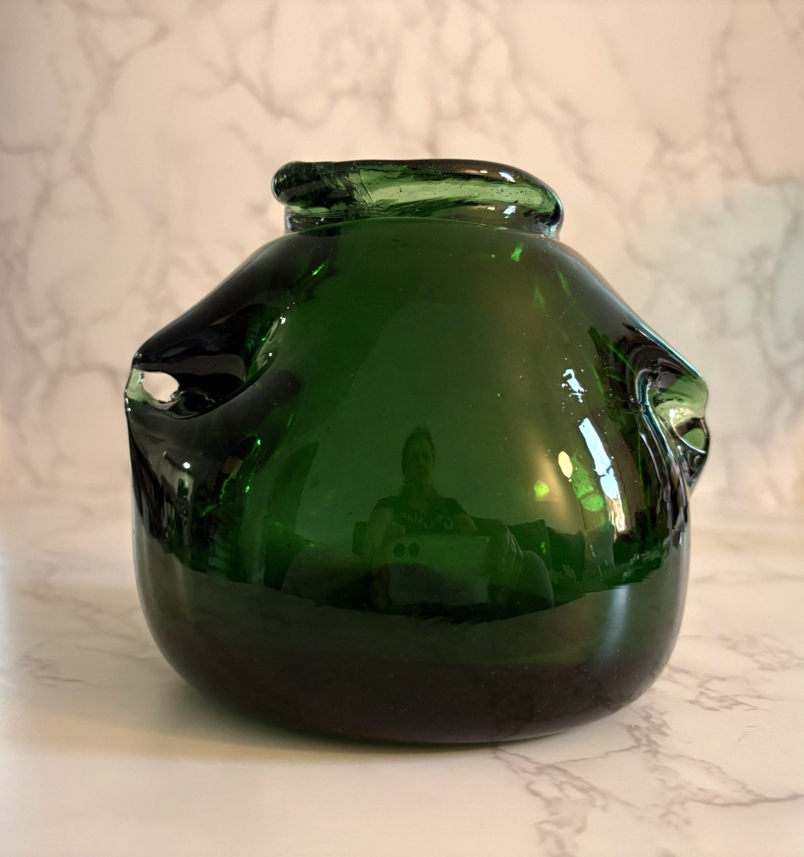 Vintage Hand Blown Forest Green Heavy Glass Vase Mid Century Pinched Handles