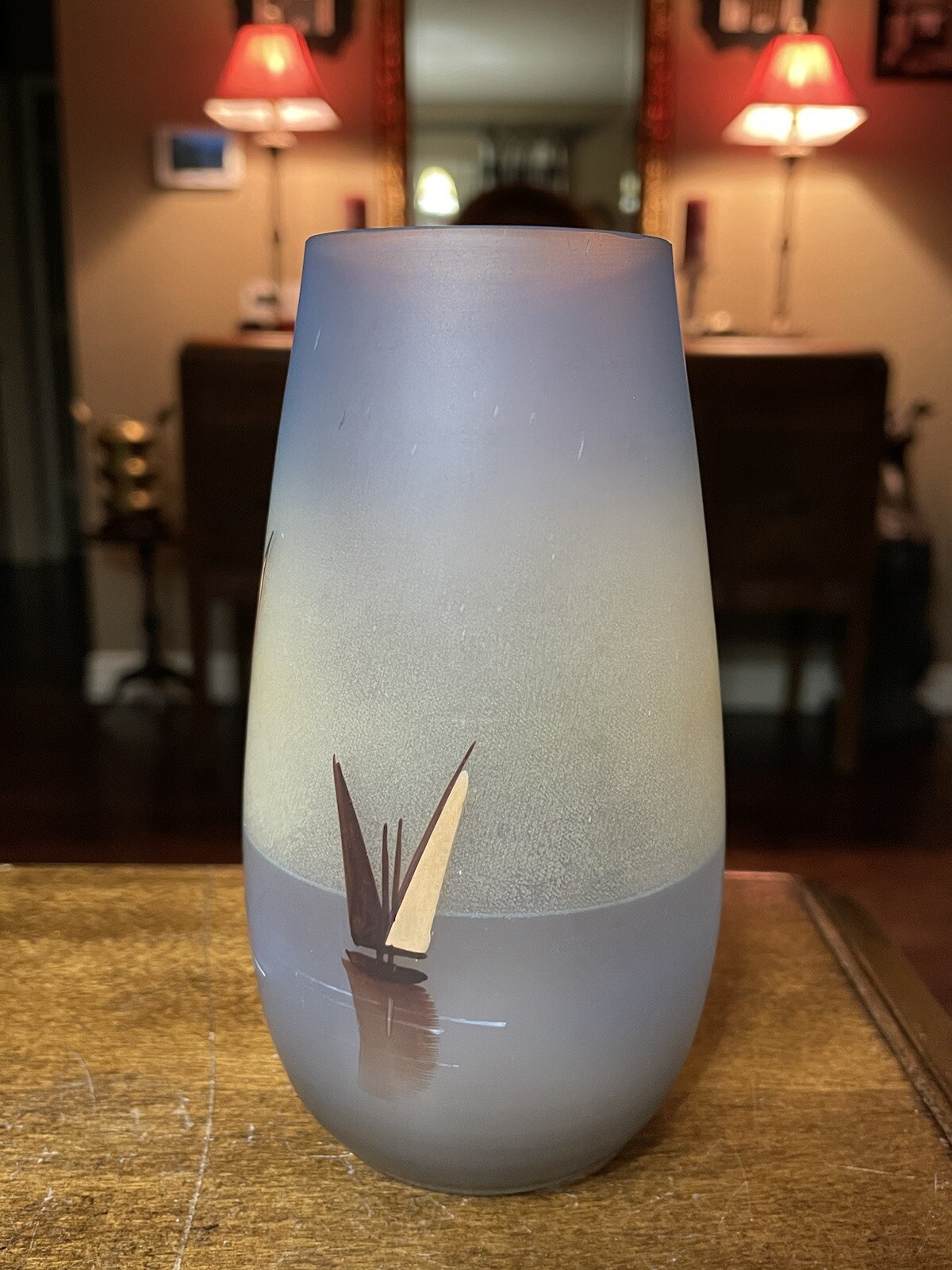 5.25″x2.5″ Blue Glass Vase Hand Painted With MCM Sailboats Vtg