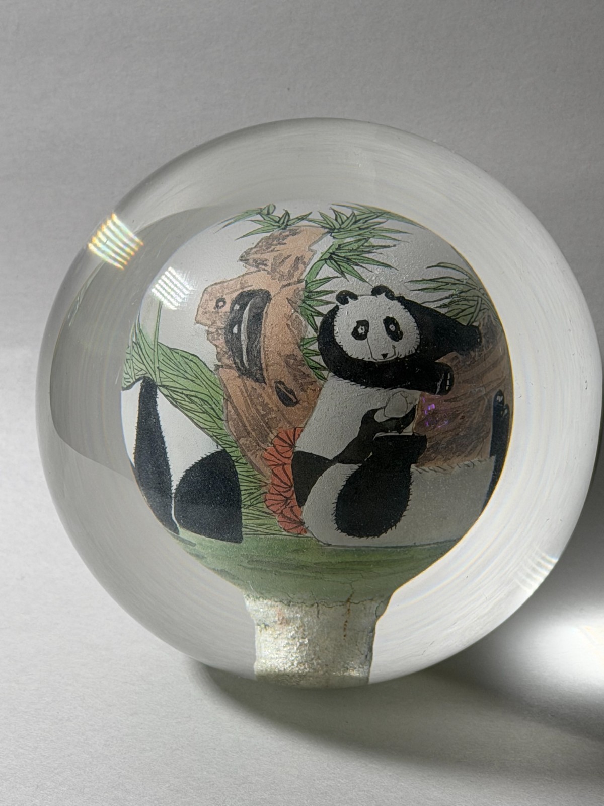 Vintage Glass Panda Family Paperweight Reverse Painted Wildlife Art 3.5″ Decorat