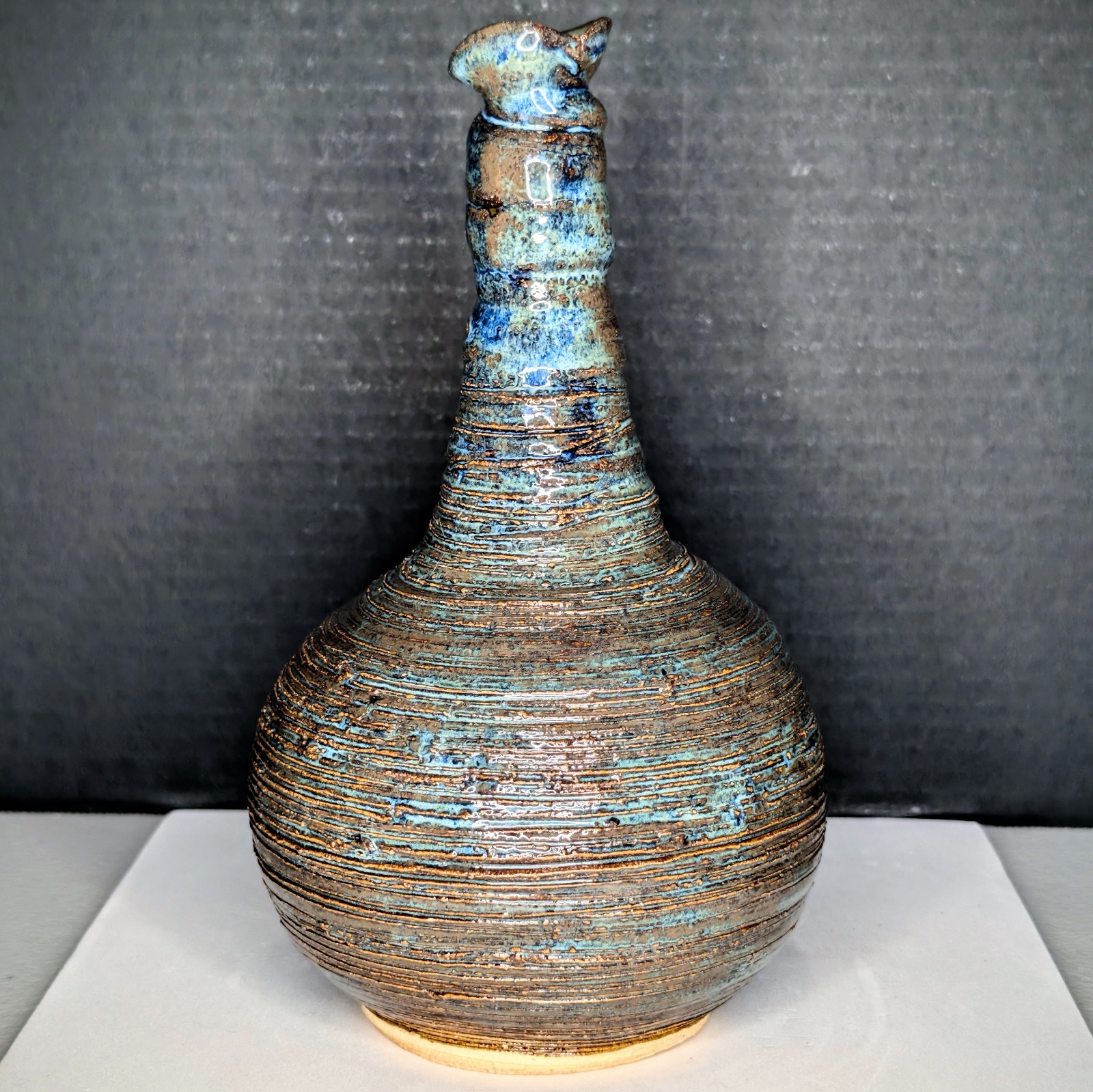 Stoneware Crystalline Twisted Vase Globular Body Twisted Neck Blue Green Crystal