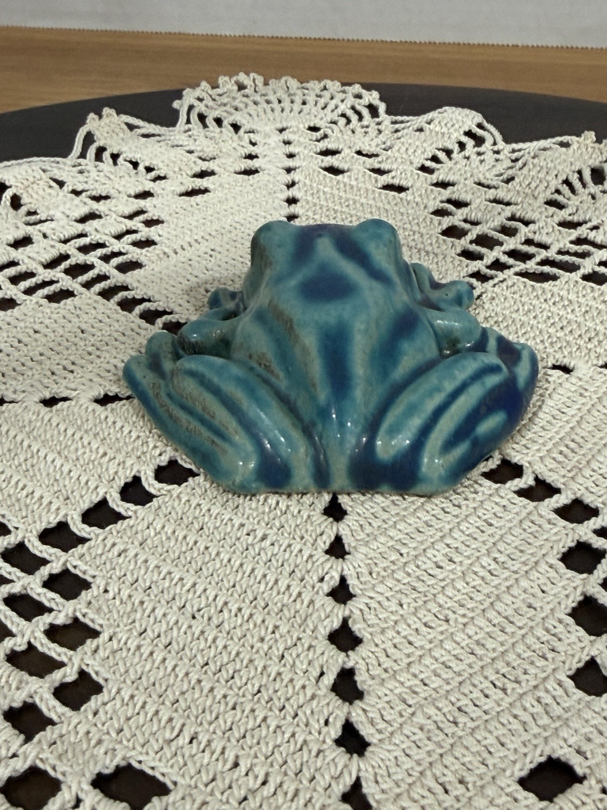Pewabic Detroit Pottery Mottled Green Blue Frog Figurine Paperweight, Excellent
