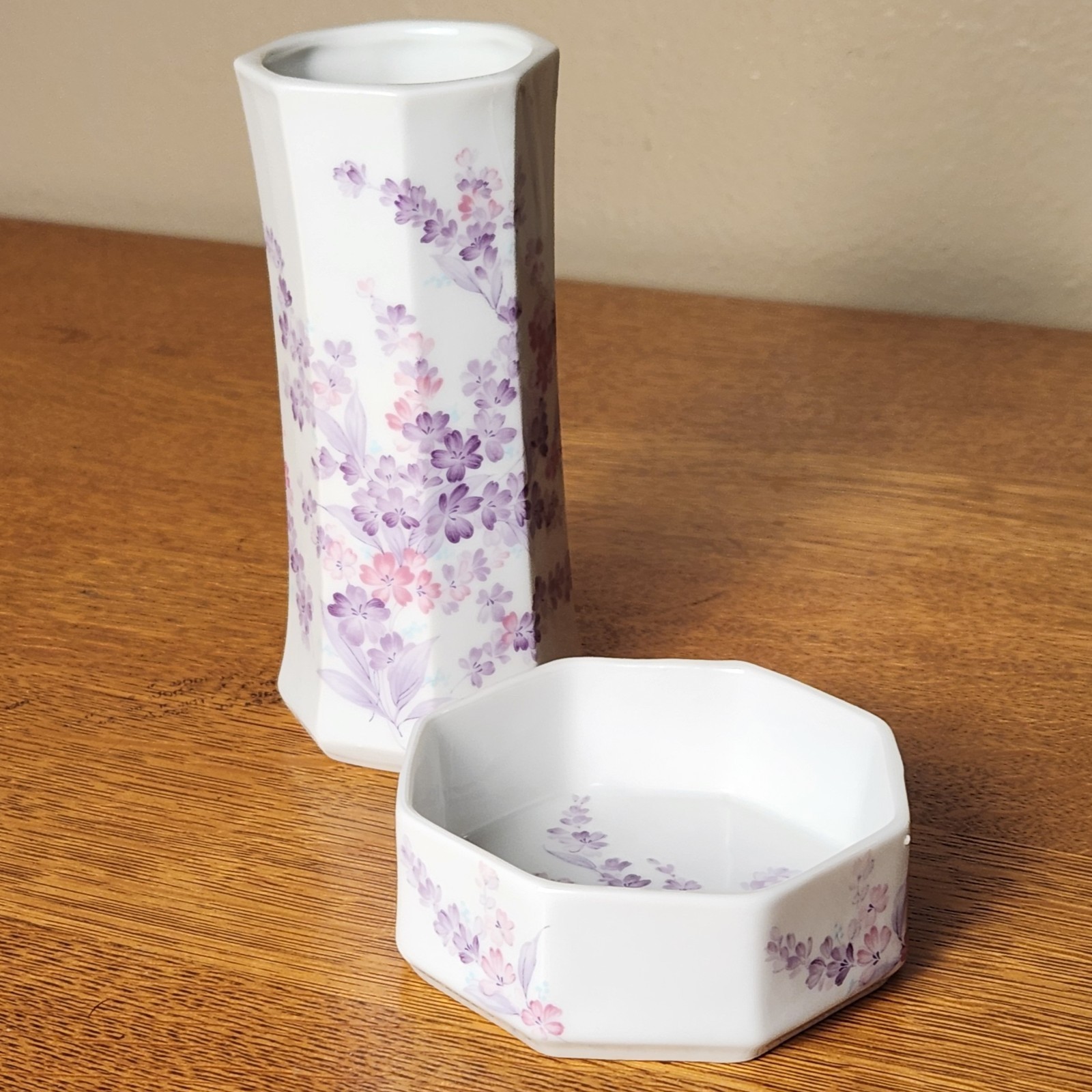 Vtg Set Irice White Porcelain Lavender & Pink Floral Trinket Dish & Vase Japan