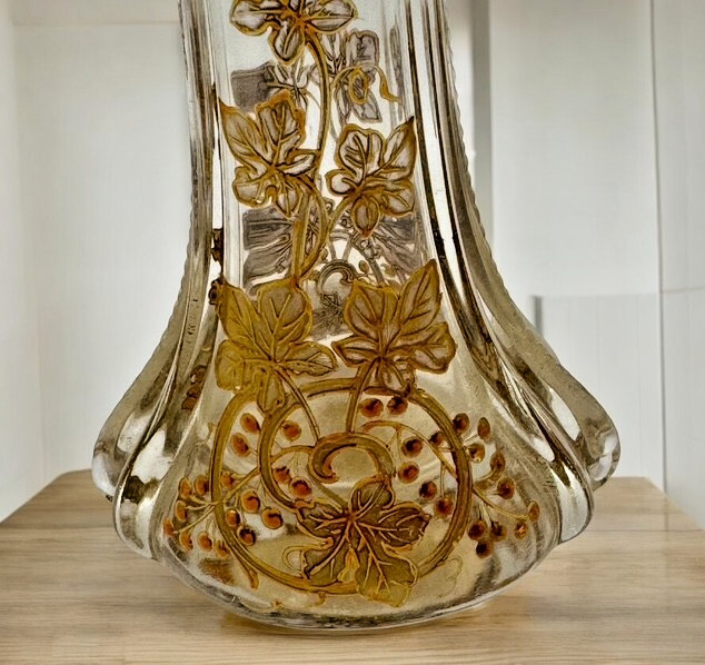 Moser Harrach Bohemian 10″ VASE Clear w Raised Gold & Enamel Grapevine Antique