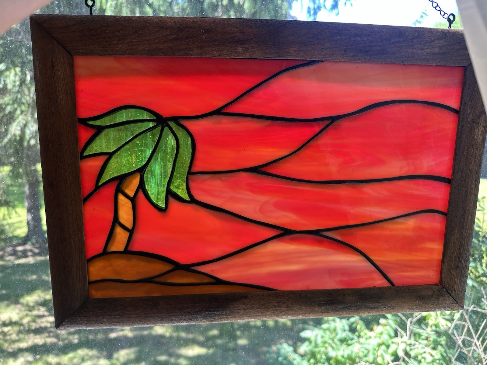 VTG Stained Glass Sunrise Sunset Sun Stained Glass Suncatcher Orange Palm Tree