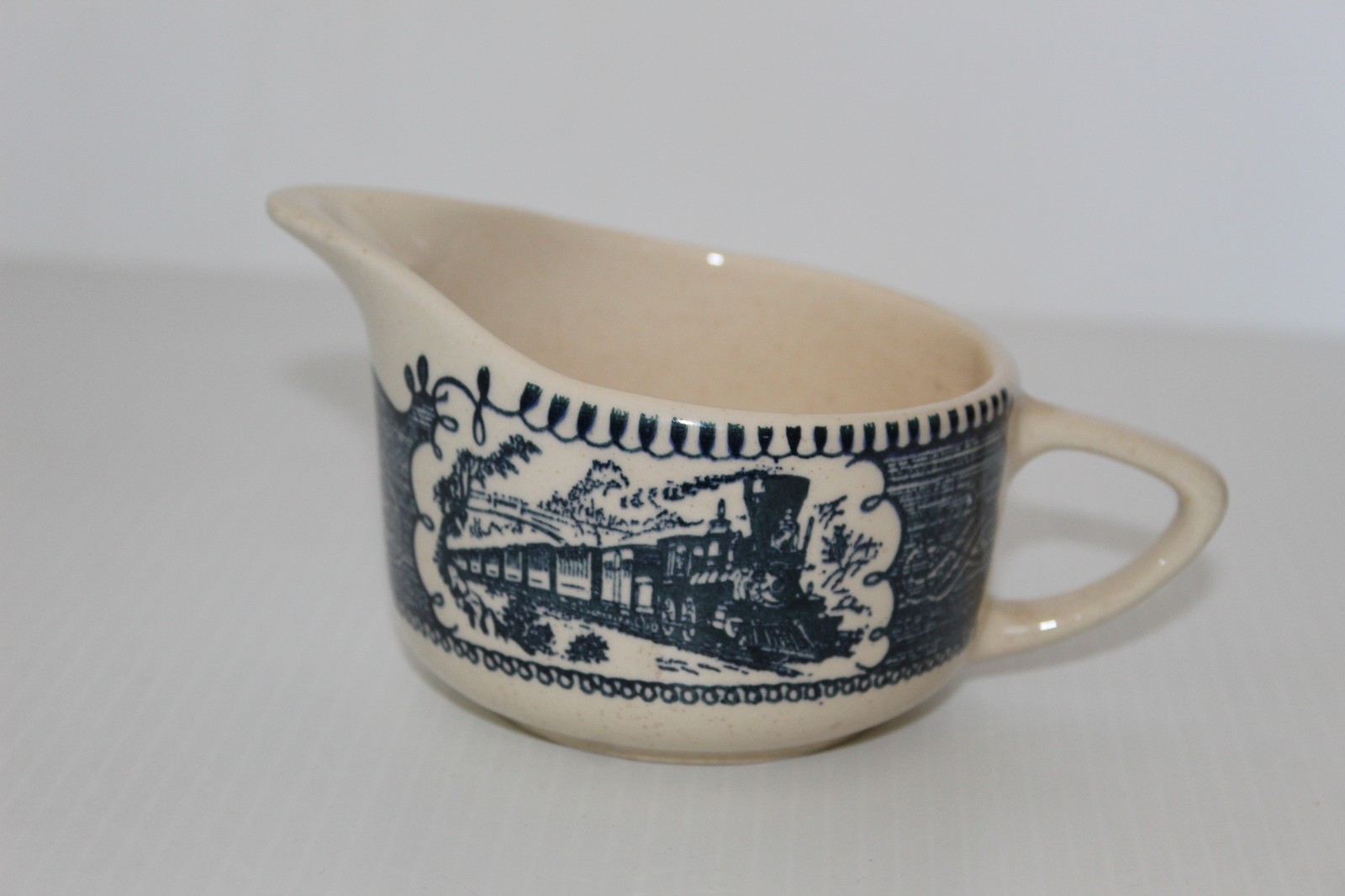 Vintage Ceramic Creamer Gravy Boat Train Locomotive Scene Blue White Farmhouse