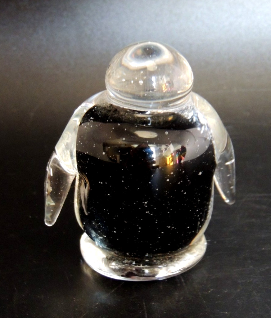 Vintage Art Glass Penguin Paperweight Figurine Fat Penguin Clear Black White