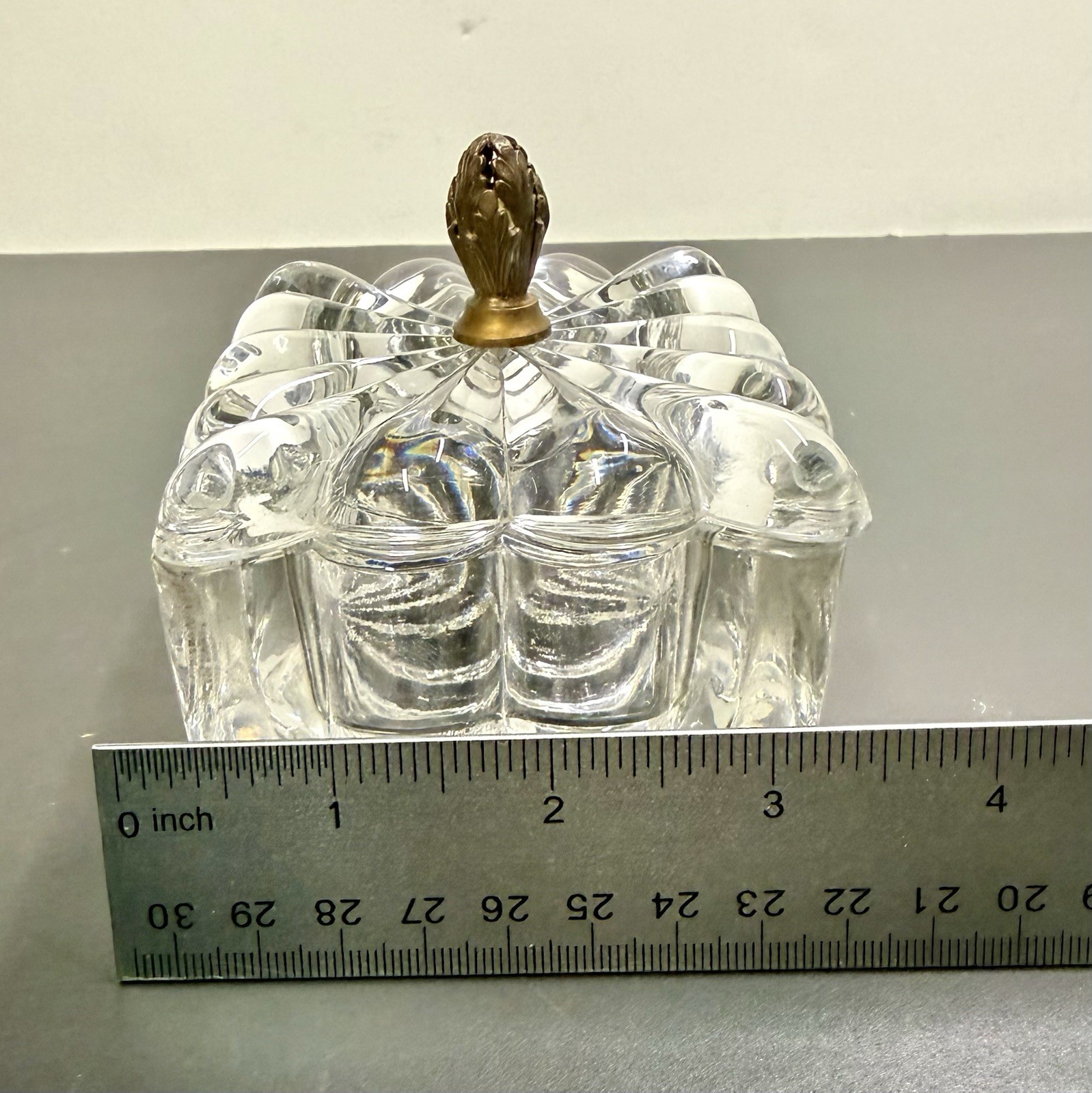 Heisey Crystolite Style Clear Glass Lidded Decorative Box Brass Metal Handle