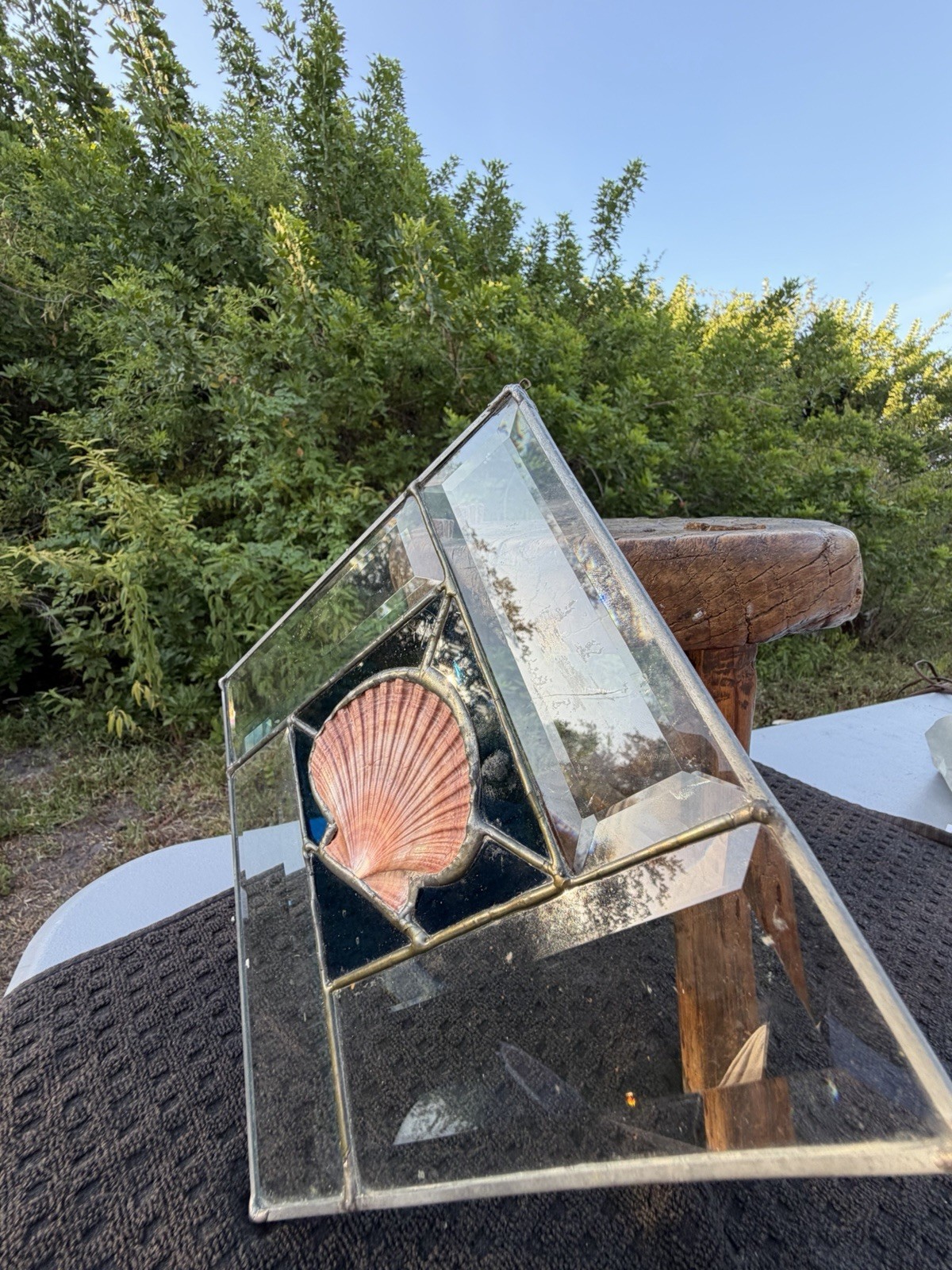 Vintage Stained Glass Seashell Suncatcher Clear glass Pink scallop