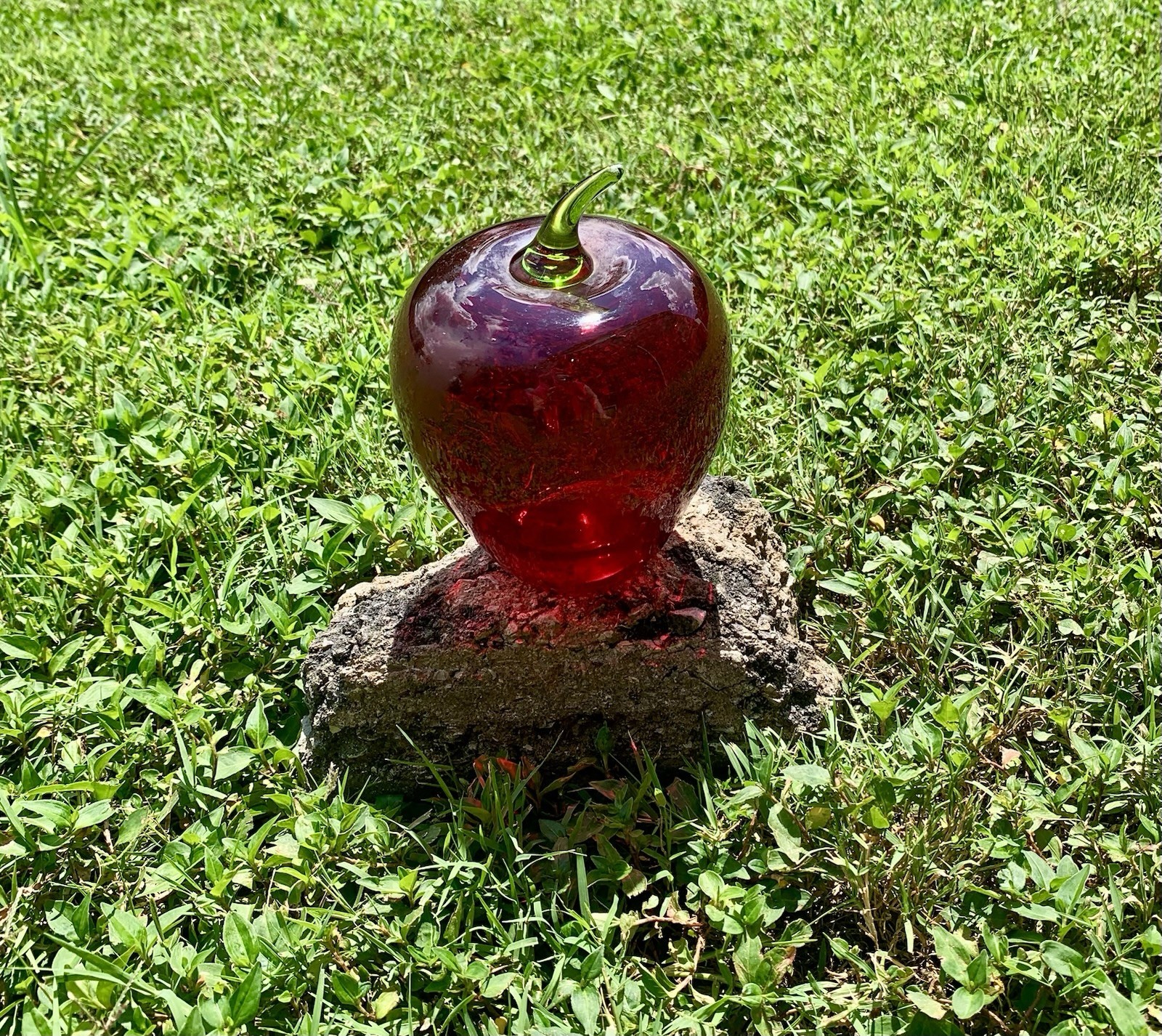 Vintage Viking Glass Green Stem Red Apple 7” Paperweight MCM