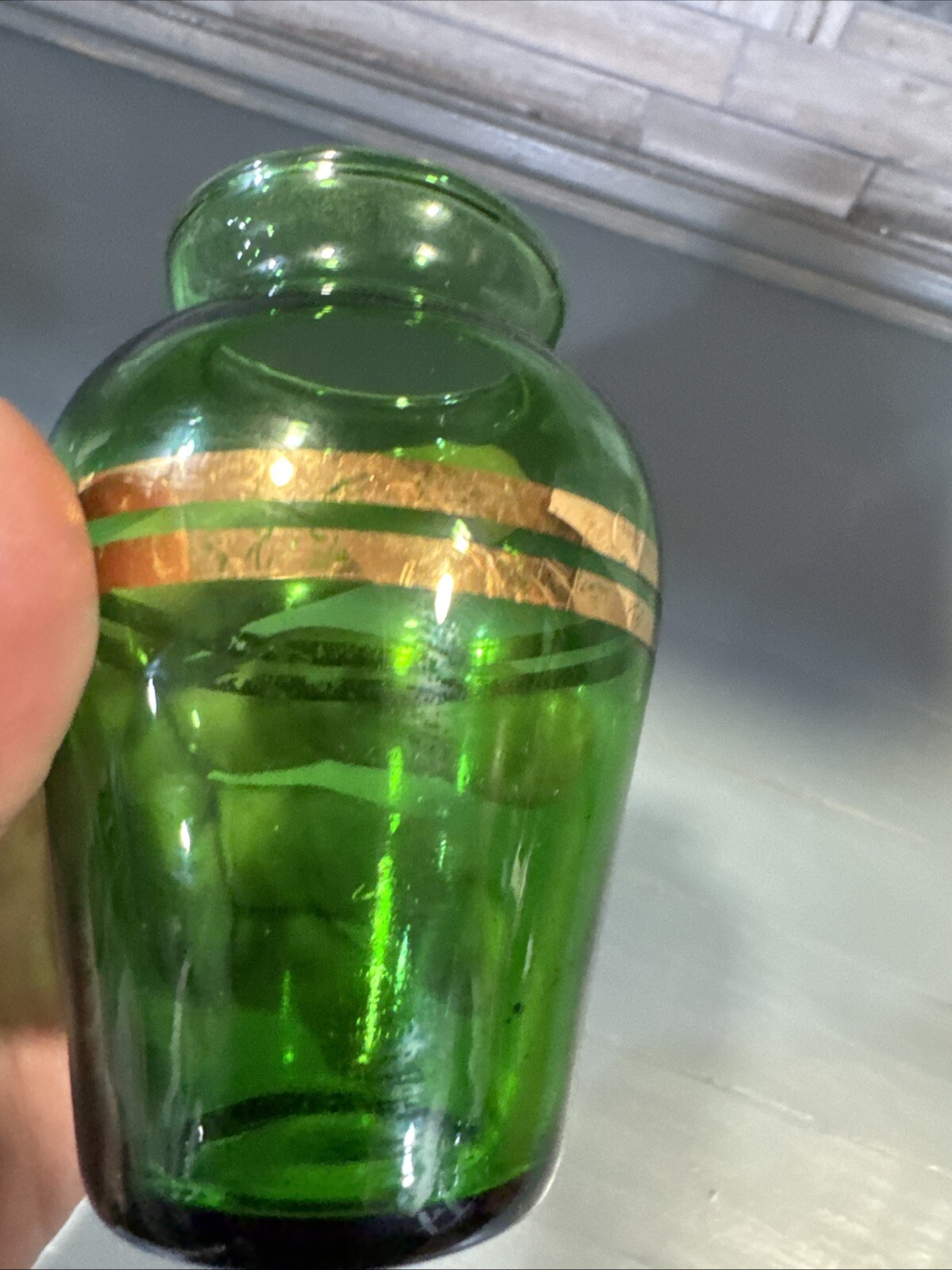 Vintage Anchor Hocking Forest Green Glass Bud Vase Gold Design 3-3/4″