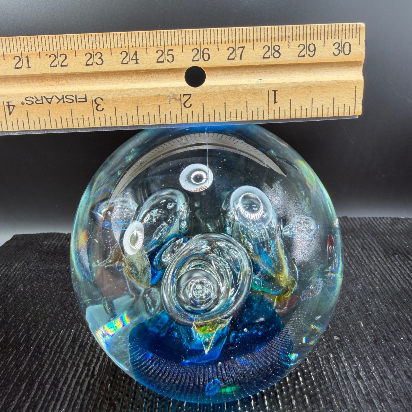 Art Glass Paperweight Controlled Bubble Blue Swirl Orb 3 Inch Sphere Hand Blown
