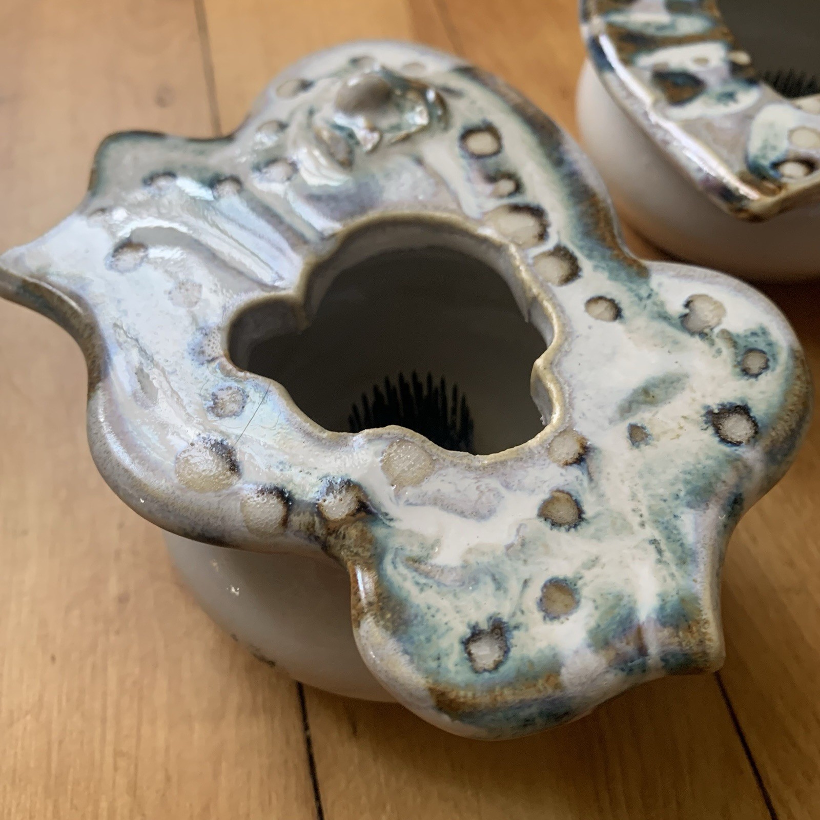 Pair Frog Art pottery Flower Frog Ceramic stone Signed Glazed Very Unique Style