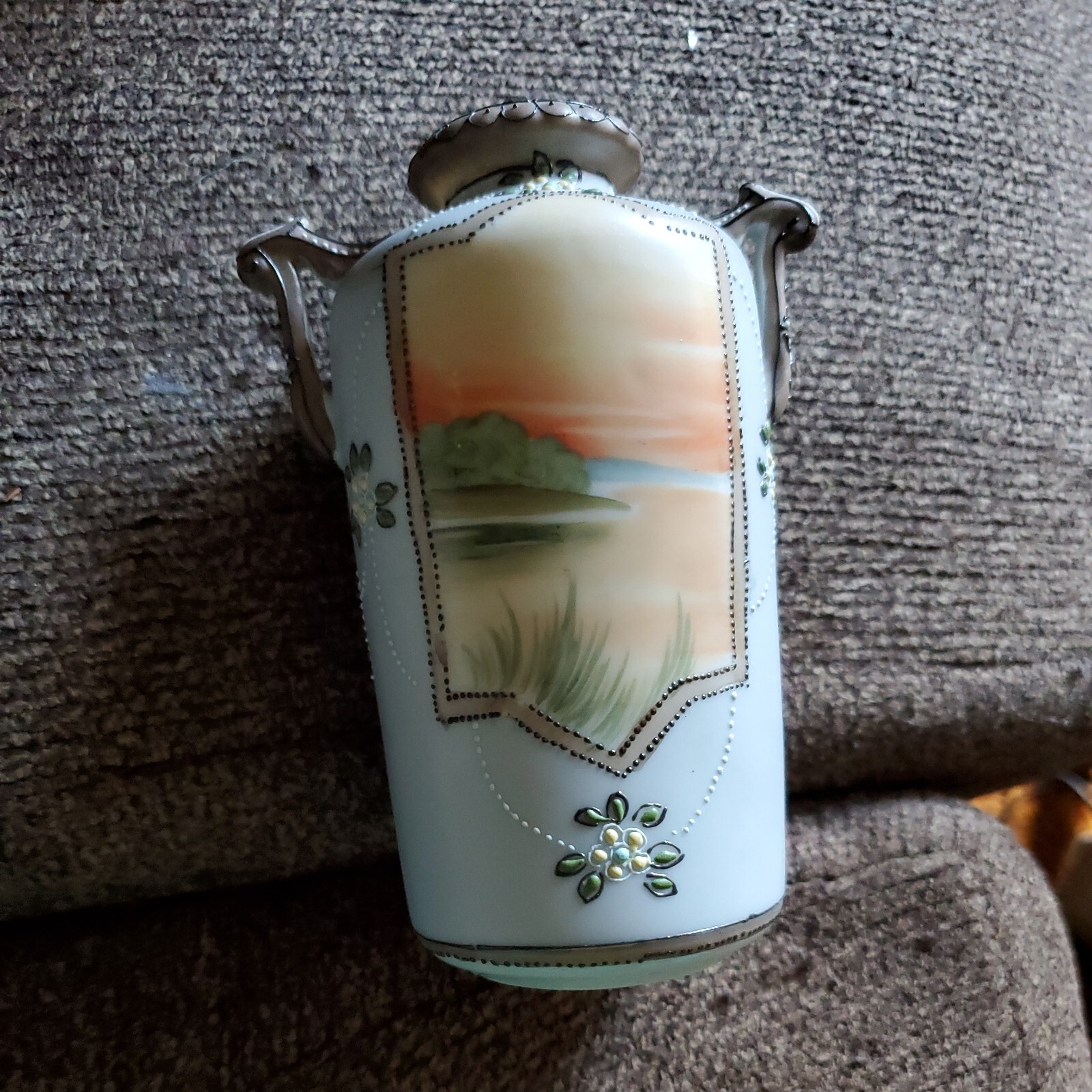 Nippon Small Hand Painted Vase Flowers Sailboat 5″ High 1920s