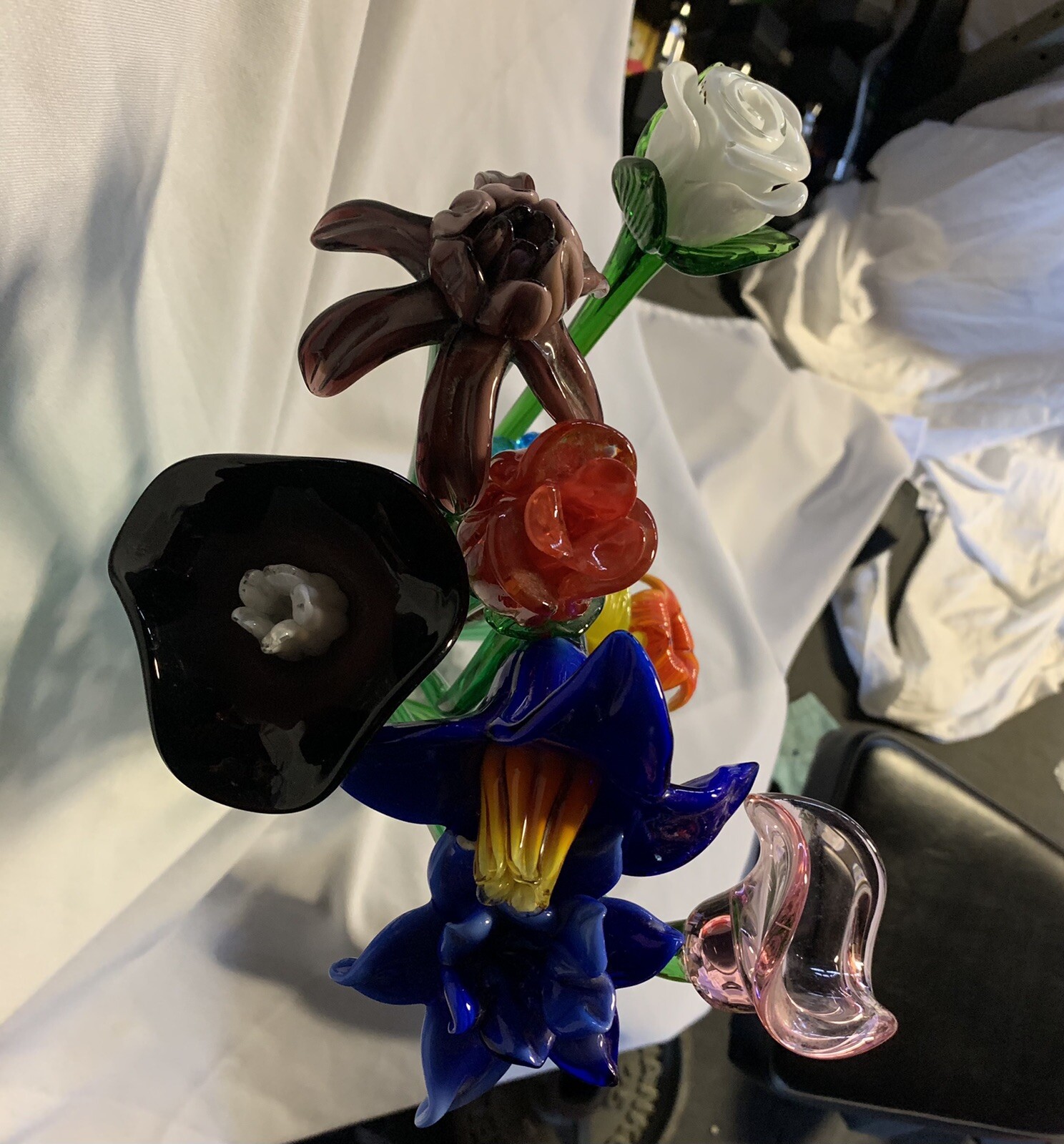12 Vintage Italian Hand Blown Long Stem  Art Glass Flowers
