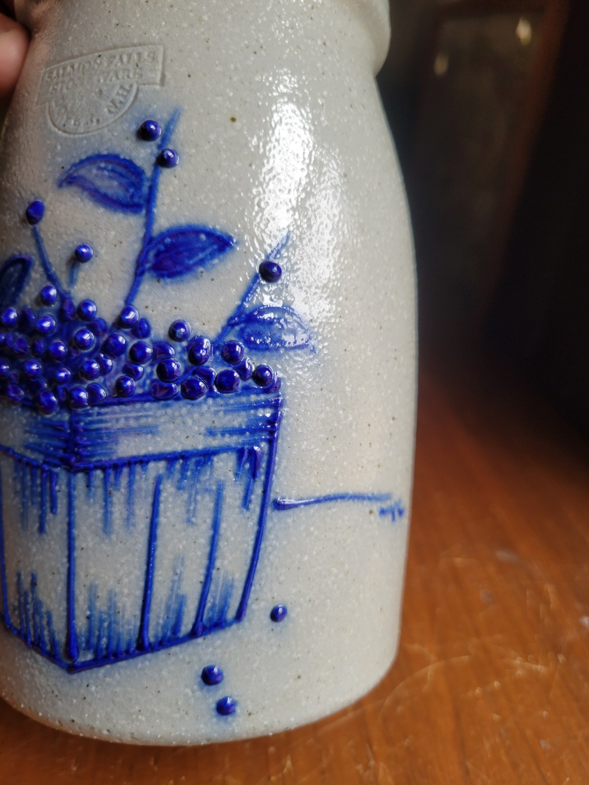 Salmon Falls Pottery Blueberry Vine Salt Glaze Spoon Jar Crock Vase