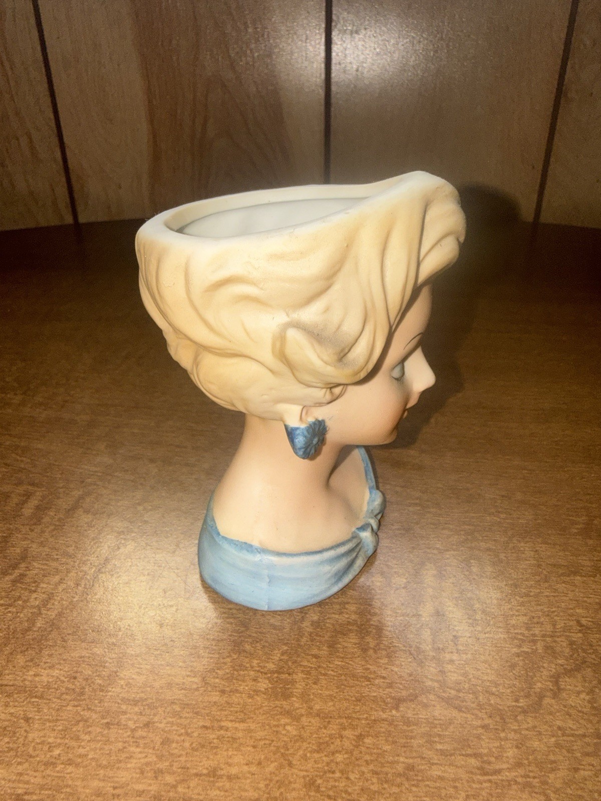 VINTAGE LADY HEAD VASE BISQUE NORLEANS STRAWBERRY BLONDE IN BLUE MINI 4.5”