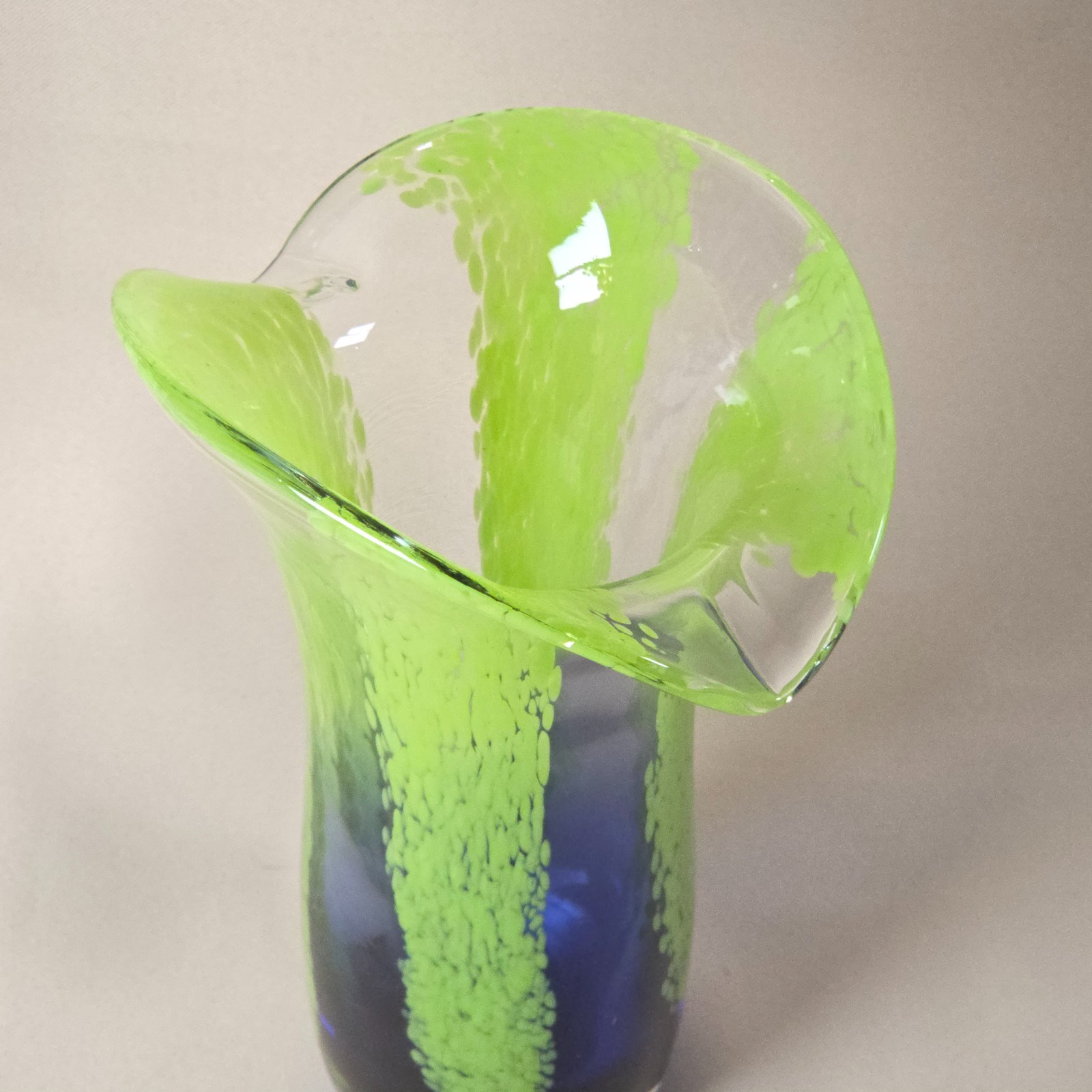 Murano Style Art Glass Vase Blue Green Speckled Flared Rim Console Home Decor