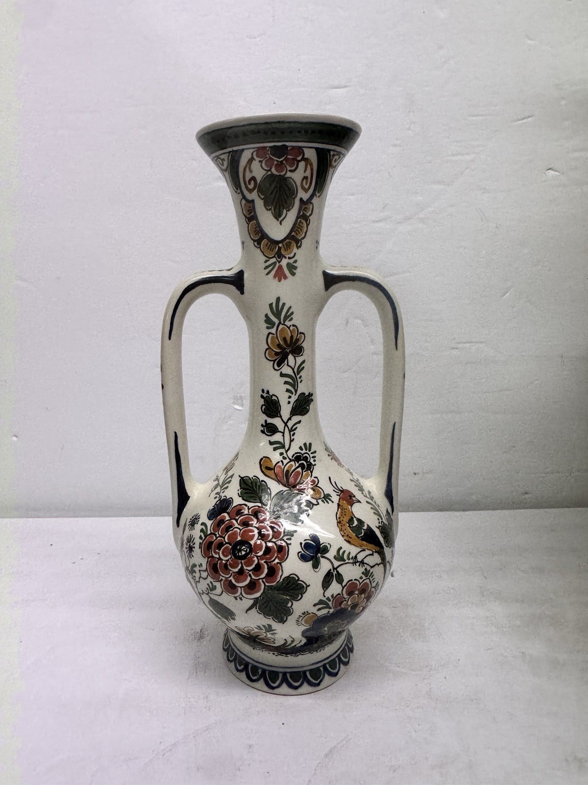 Vintage Delft Holland Hand-Painted Polychrome Vase 1982 Mint Condition