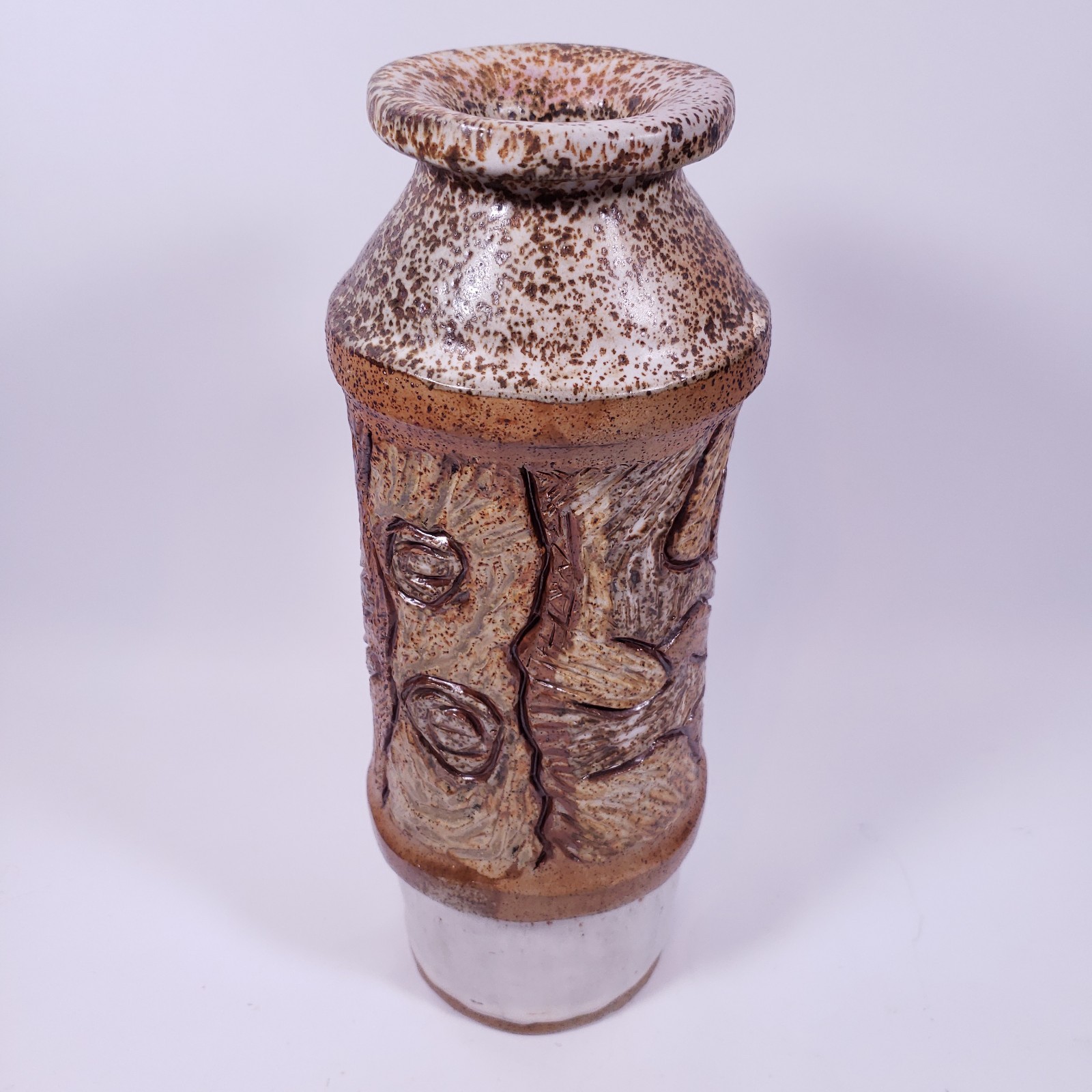SIGNED Studio Stoneware Carved Abstract Woodland Art Pottery VASE