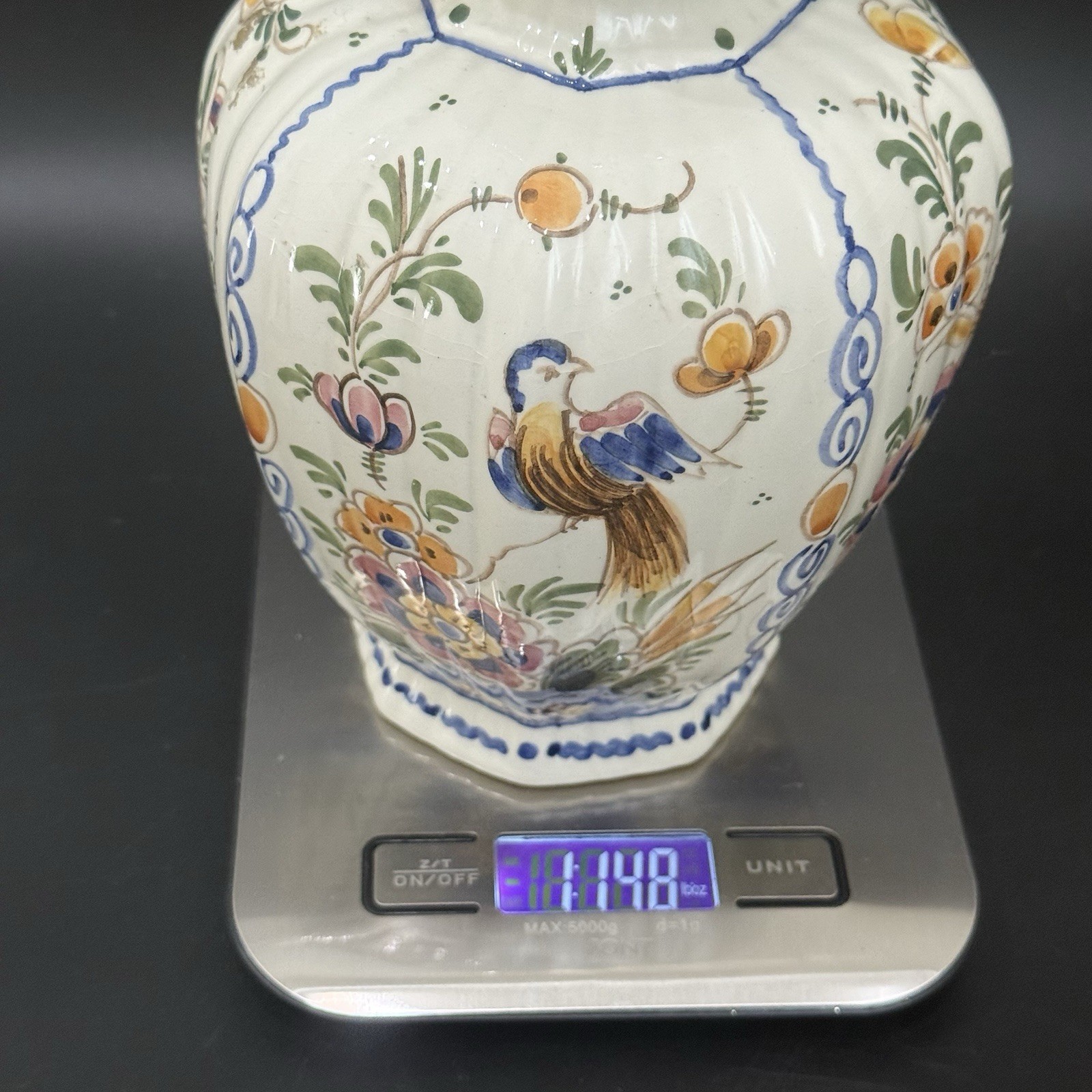 Vintage Handpainted D.P Delft Polychrome Floral Birds Dutch Pottery Ceramic Vase