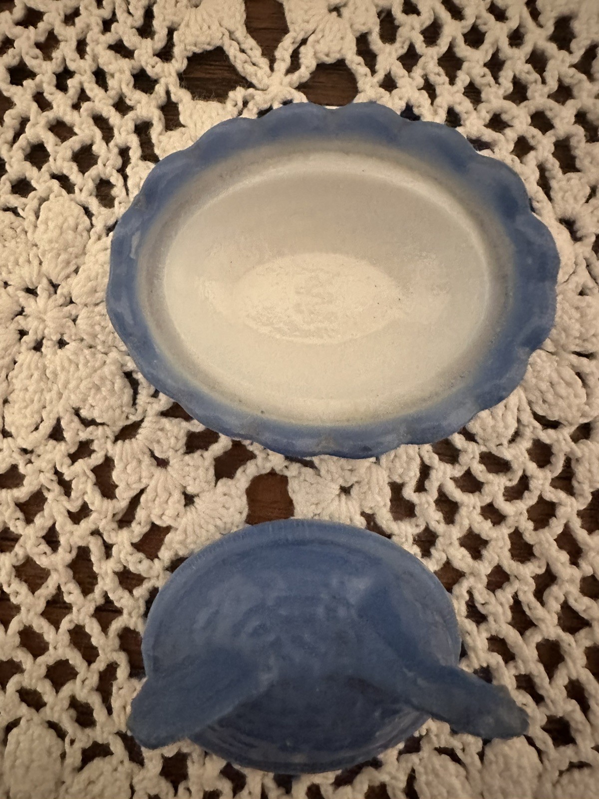 Westmoreland Milk Glass Fired on Blue Mini Hen On Nest Mini Salt Dip Miniature