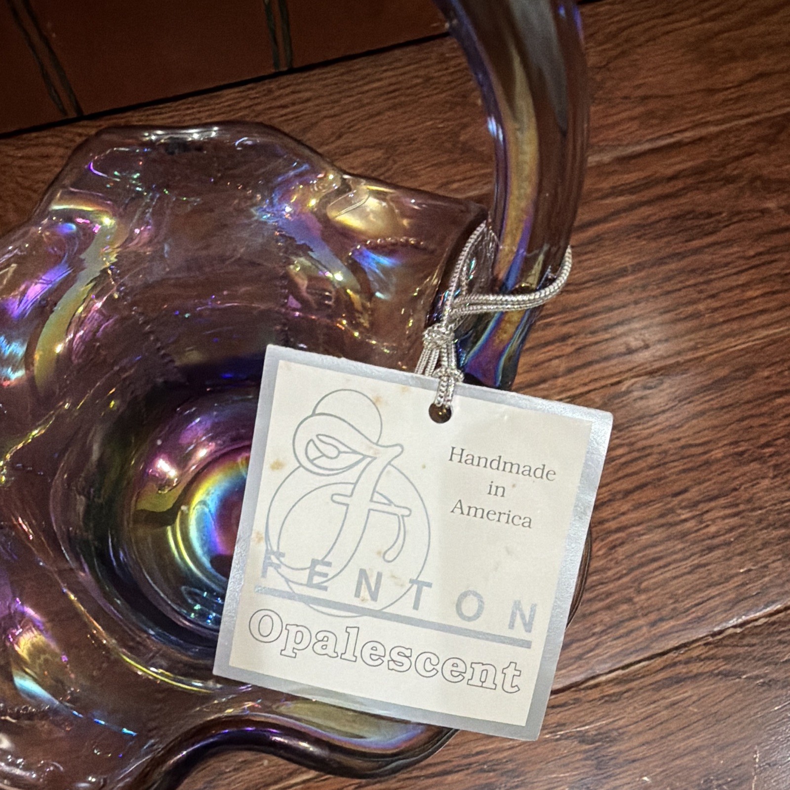 Fenton Opalescent Purple Hand Blown Glass Handled Decorative Basket. Free Book!