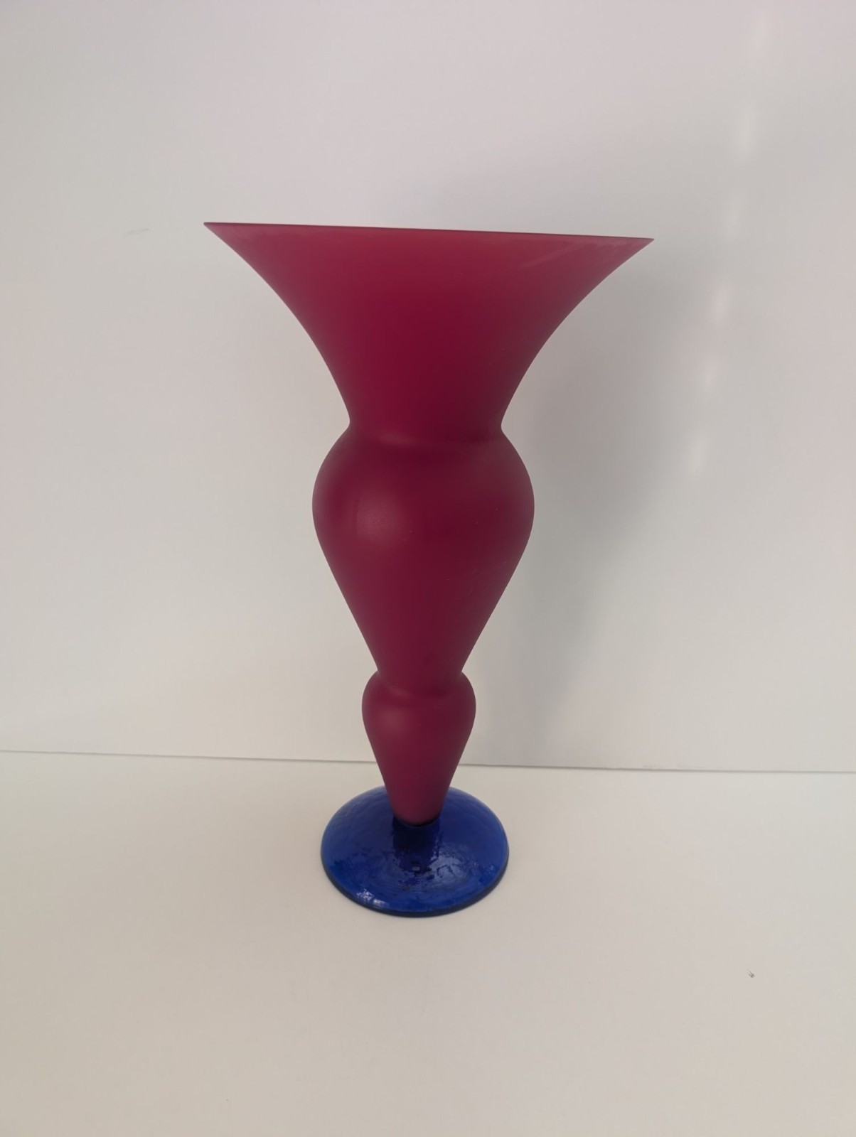 Vetro di Murano LARGE Vase in Red Satin Glass with Cobalt Blue Base 15.75″ Tall
