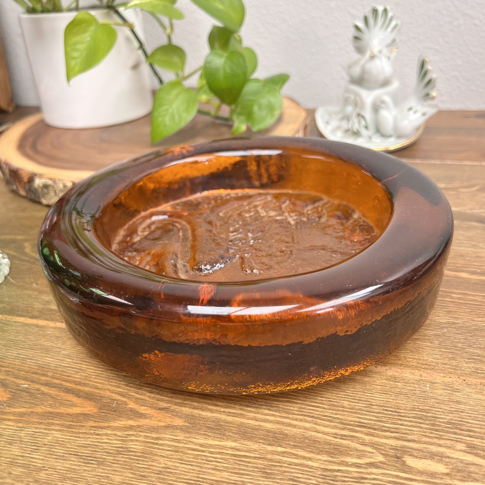 Rare Blenko Glass Ashtray Joel Myers 1965 Amber Swan Heavy 9” Ashtray MCM