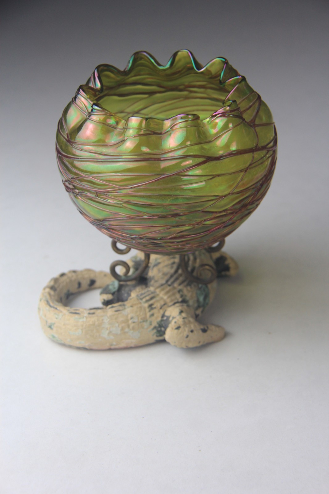 Kralik Veined Green Iridescent Vase Mounted on Unique Alligator Base Rare!!!