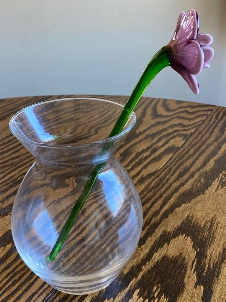Vtg MCM Blown Art Glass Long Green Stem Plum Purple Flower 10 3/4″