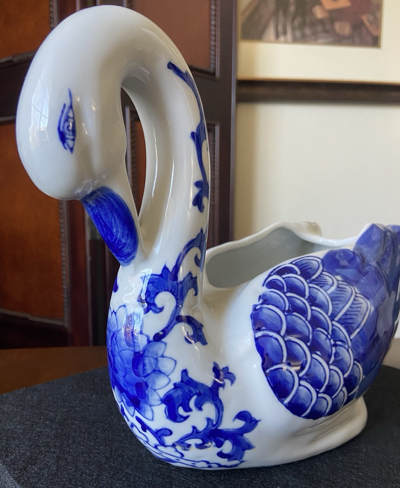 Pair VTG 8” Tall La Dolce Blue Scroll Blue & White Swan Planters By JJG Design