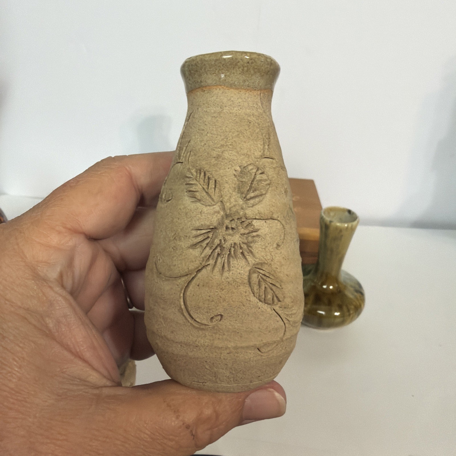5 Vintage Stoneware Studio Pottery Mini Vase Small Pot 70s Neutral Glazed Etched