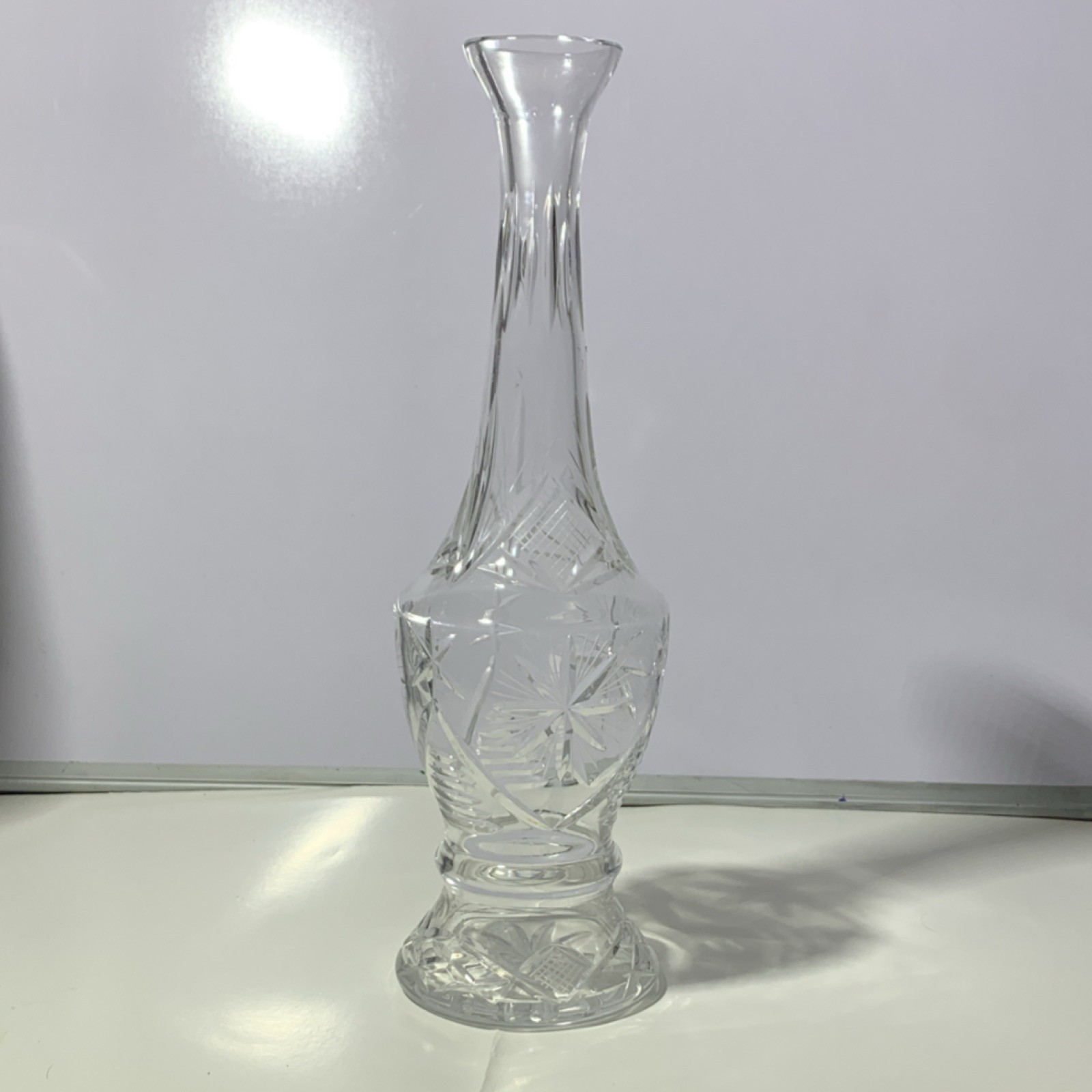 Clear Cut Glass Vase 15in Round Geometric/Floral Pattern, Decorative