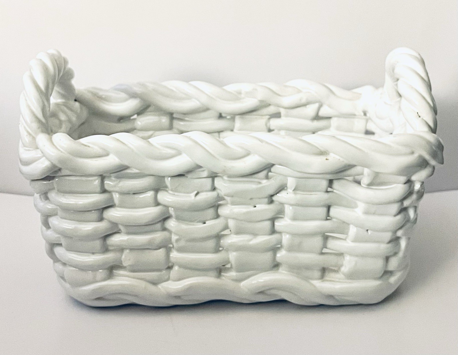 VINTAGE CERAMICHE CASTELLA White Woven Ceramic Rectangle Basket Handmade Italian