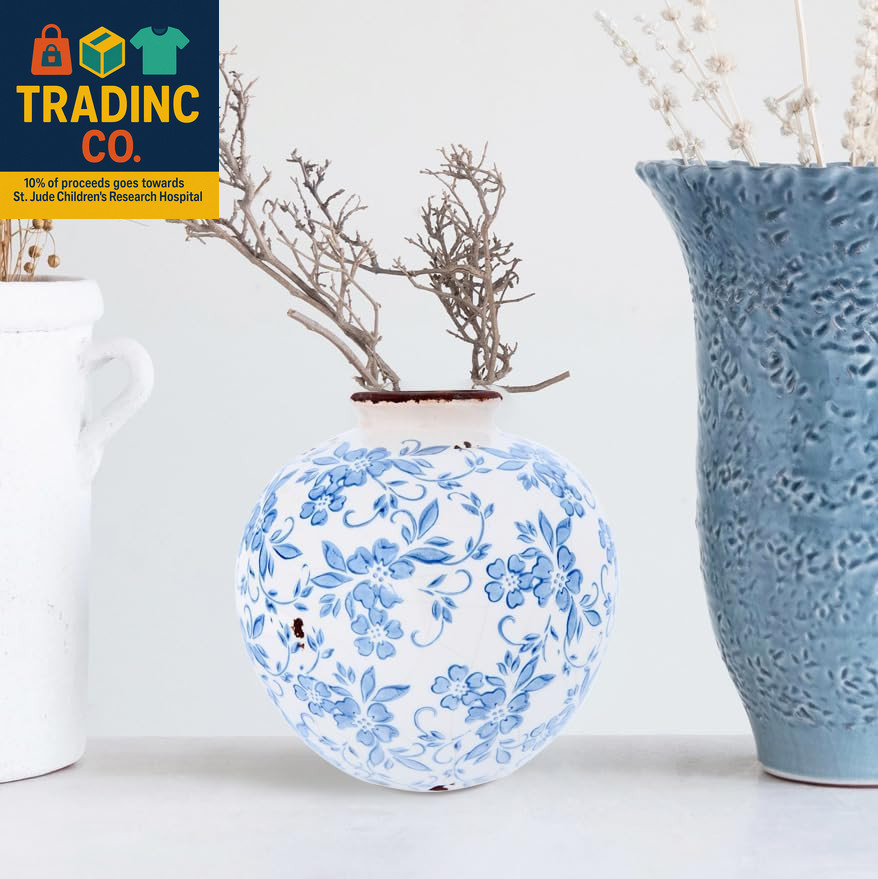 DF2720 8″ H Terracotta Floral Transferware Pattern & Crackle Finish Vase, Blue