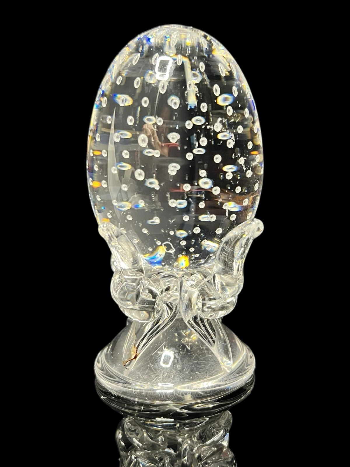 Steuben Crystal Controlled Bubble Egg Figurine Paperweight by Lloyd Atkins 4”