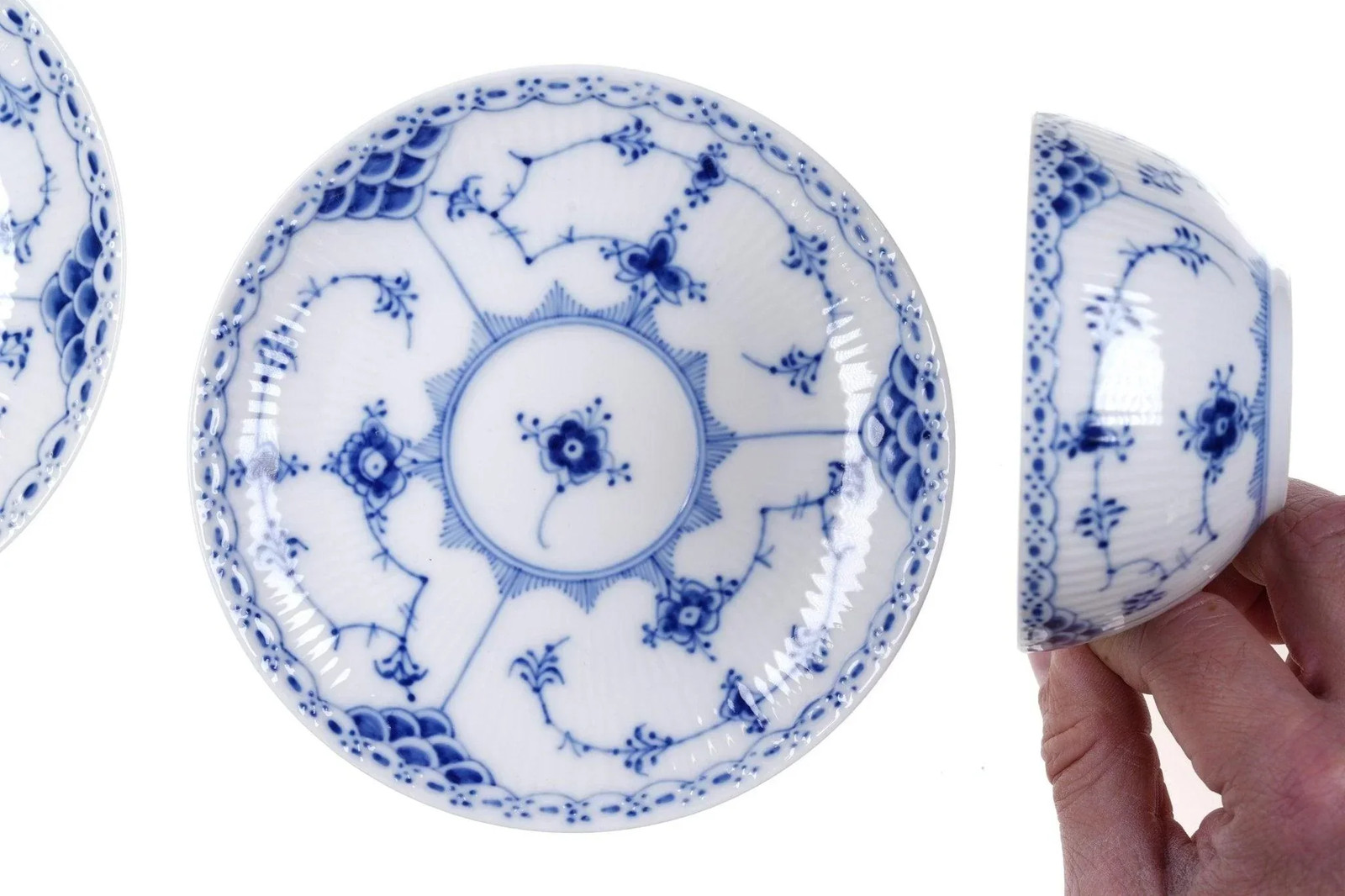 2 Royal Copenhagen Blue Fluted Half lace 7oz Teacups and Saucers