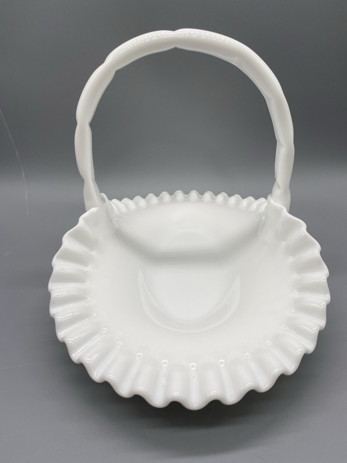 Vintage Fenton 12-1/2″ White Milk Glass Hobnail Basket Wedding Flower Basket