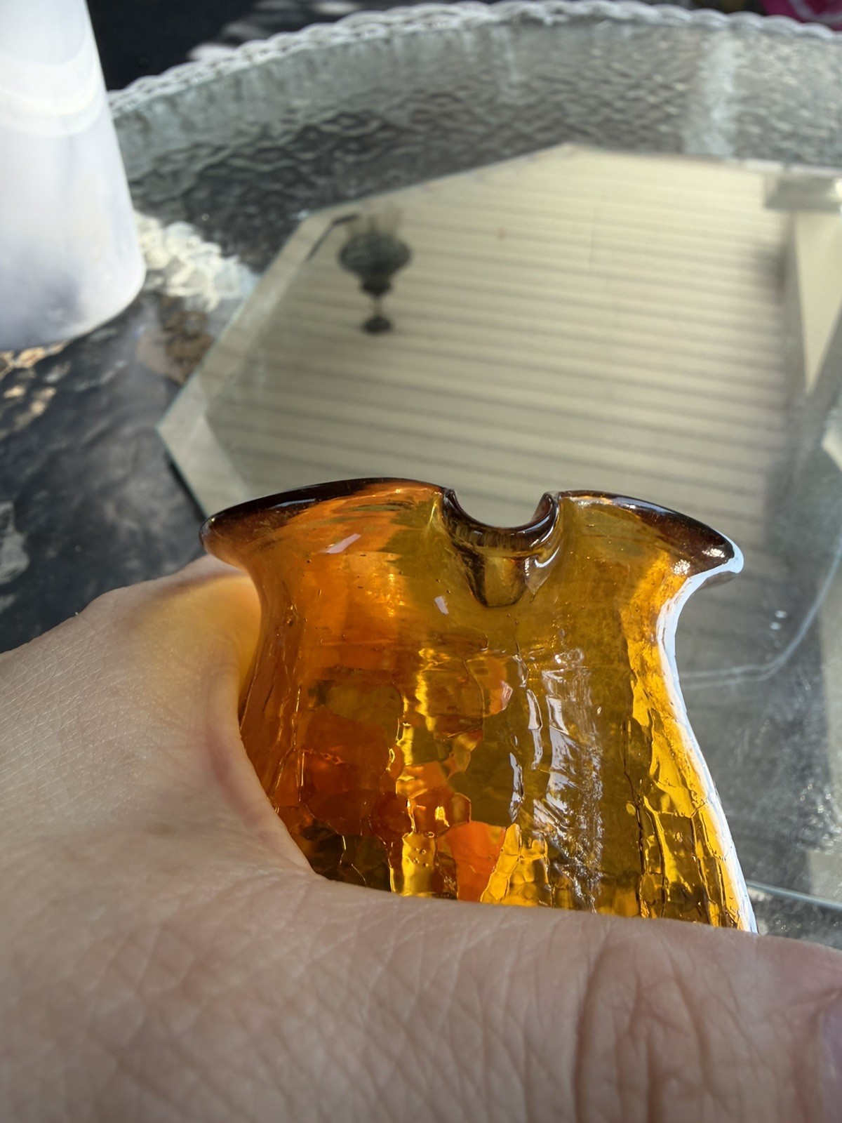 Amber Crackle Glass Pitcher Mini Vase Yellow Gold Hand Blown 3 3/4”Creamer