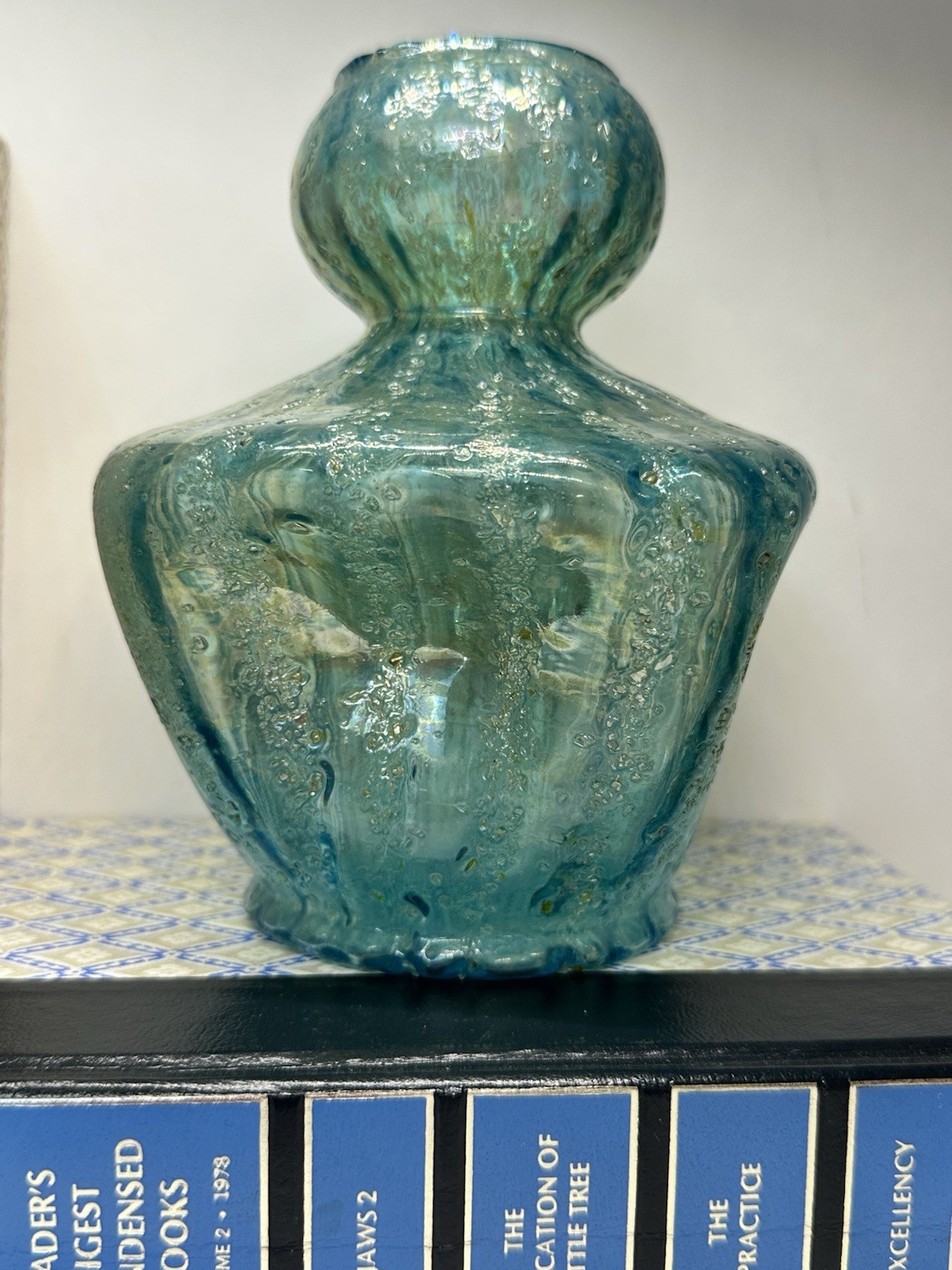 Antique Dugan Glass Iridescent Blue/Green Sq Vase-Round Pinched Early 1900’s 6″