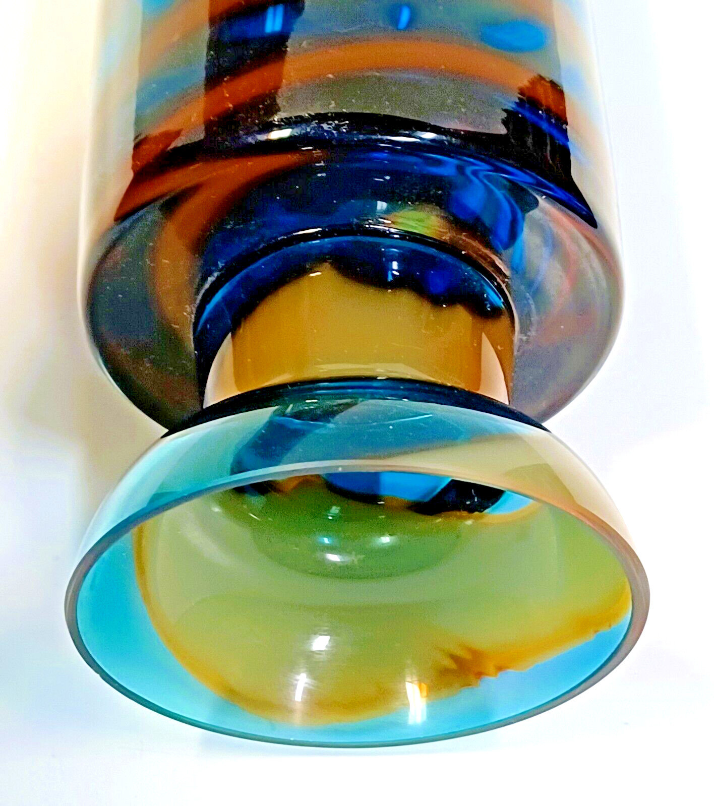 Hand Made Poland Art Glass Vase 14″ Tall Clear Blue Spiral Swirls Bronze Tan MCM