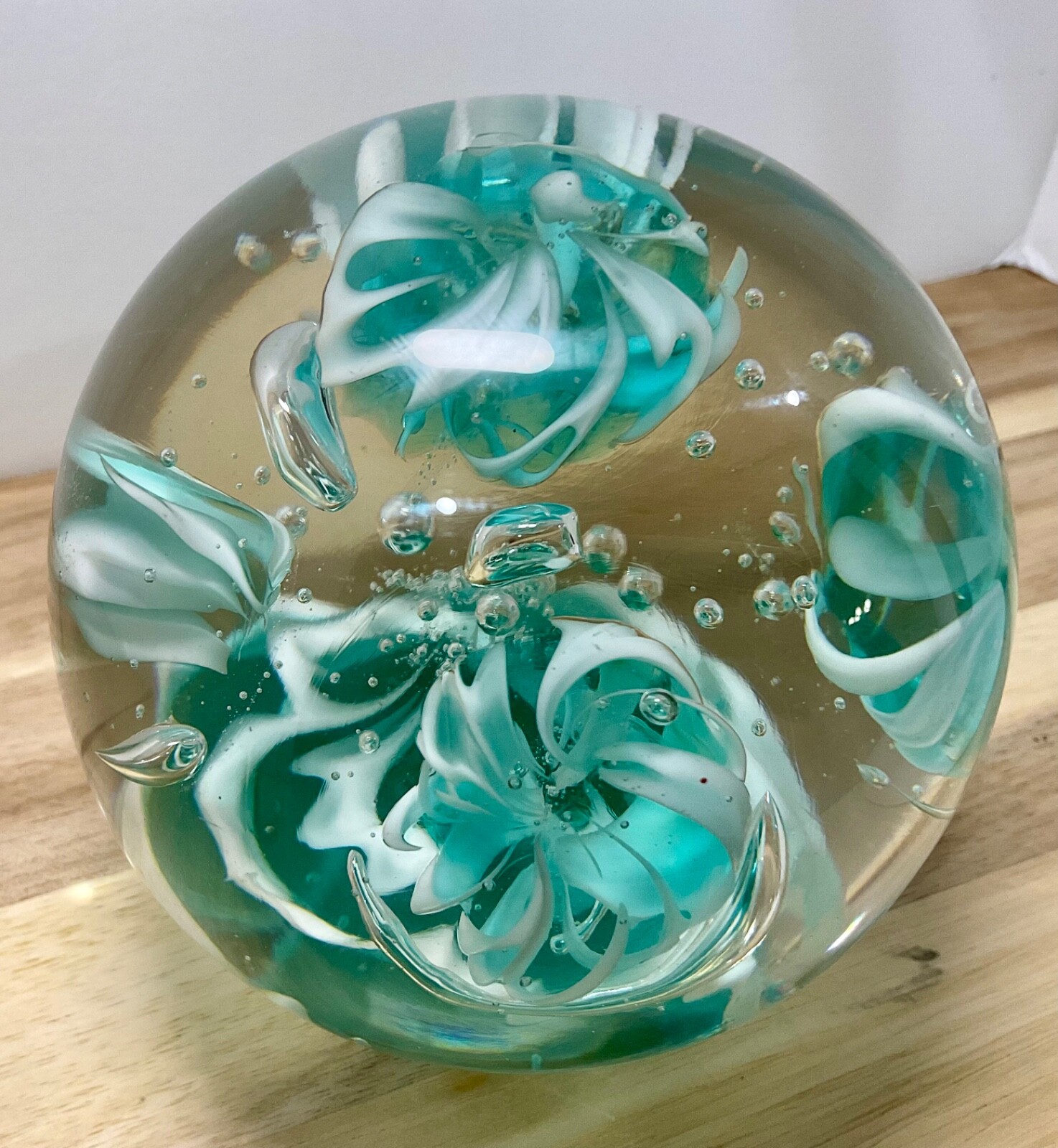 Large Art Glass Paperweight -Aqua/Clear/White 3.5” Heavy Desk Tabletop Decor