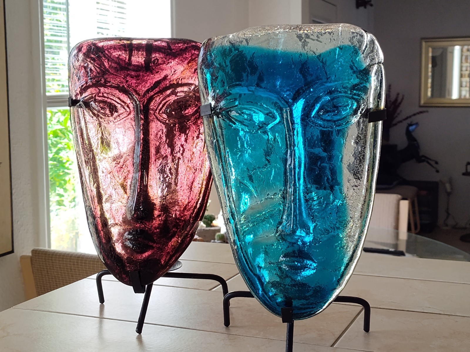 Vintage MCM Jaramillo Bros Mexico Glass Face Mask Sculptures Pair – 10″ On Stand